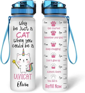 Hyturtle Personalized Cat Water Bottle - 32oz Motivational Water Bottle with Leak-Proof Lid & Time Marker - Unicat Custom Name Gift for Cat Lovers, Unicorn Lovers, Girls, Kids On Birthday Christmas