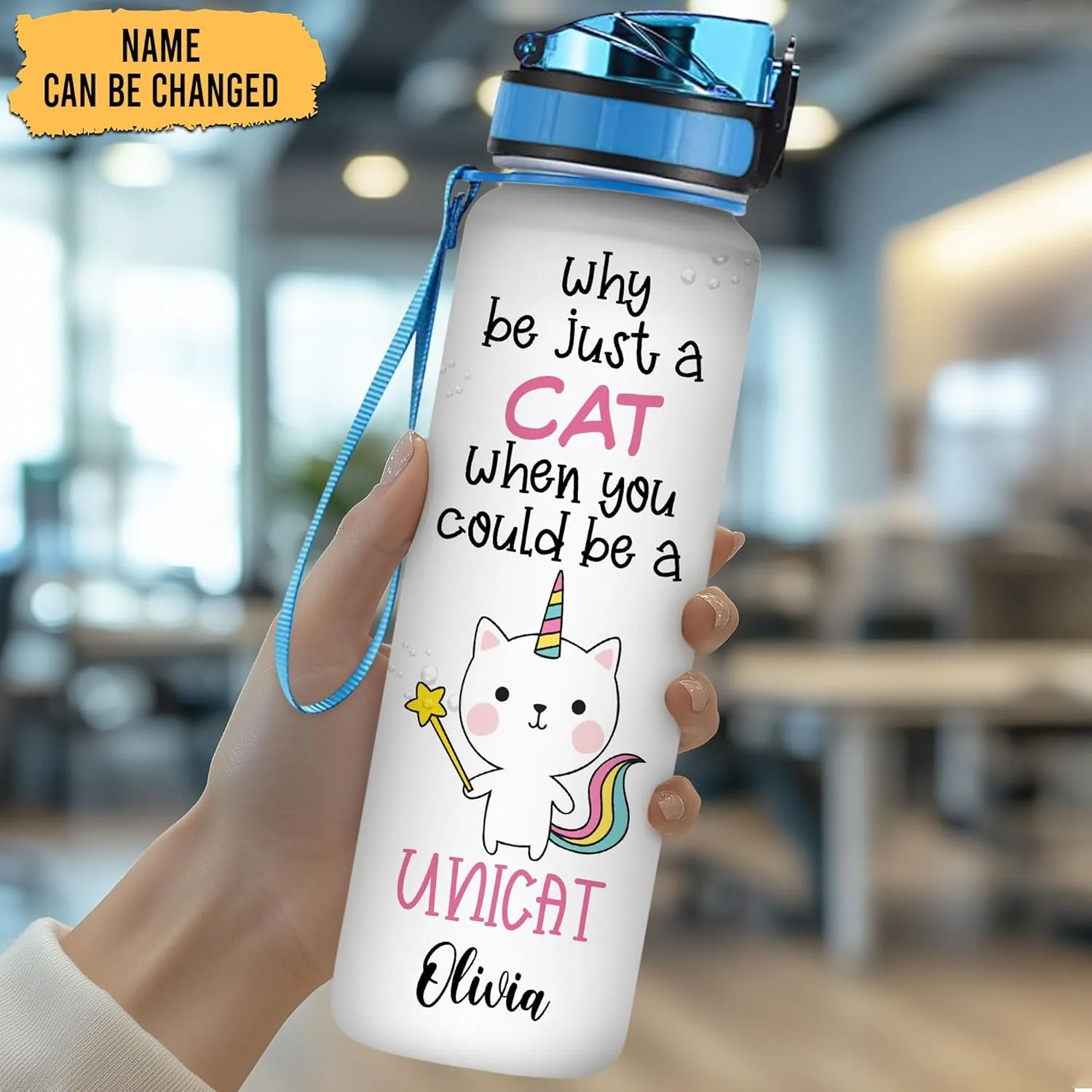Hyturtle Personalized Cat Water Bottle - 32oz Motivational Water Bottle with Leak-Proof Lid & Time Marker - Unicat Custom Name Gift for Cat Lovers, Unicorn Lovers, Girls, Kids On Birthday Christmas