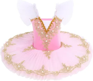 IBAKOM Ballerina Swan Lake Costume Dance Pancake Platter Tutu Ruffle Sleeve Floral Print Gymnastics Leotard Ballet Tutu