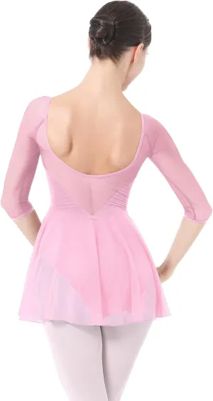 IBAKOM Ballet Leotards Dress for Women 3/4 Mesh Sleeve V Neck Scoop Back Gymnastics Leotard Slim Fit Ballerina Dance Leotard