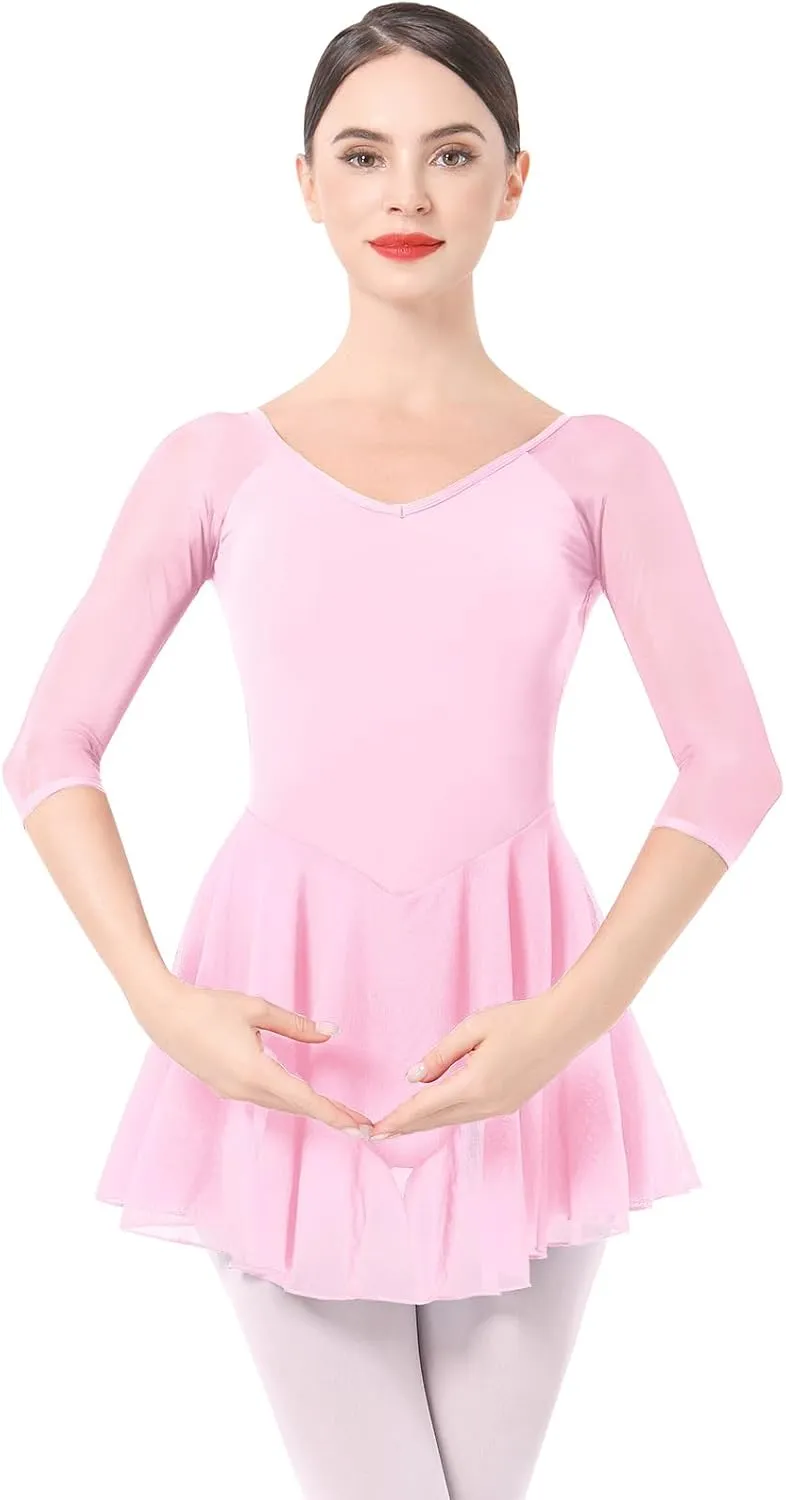 IBAKOM Ballet Leotards Dress for Women 3/4 Mesh Sleeve V Neck Scoop Back Gymnastics Leotard Slim Fit Ballerina Dance Leotard