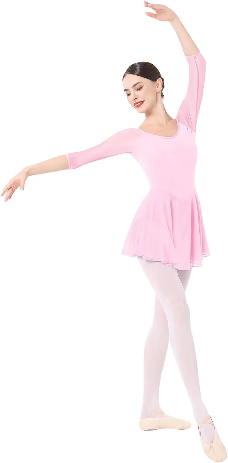 IBAKOM Ballet Leotards Dress for Women 3/4 Mesh Sleeve V Neck Scoop Back Gymnastics Leotard Slim Fit Ballerina Dance Leotard