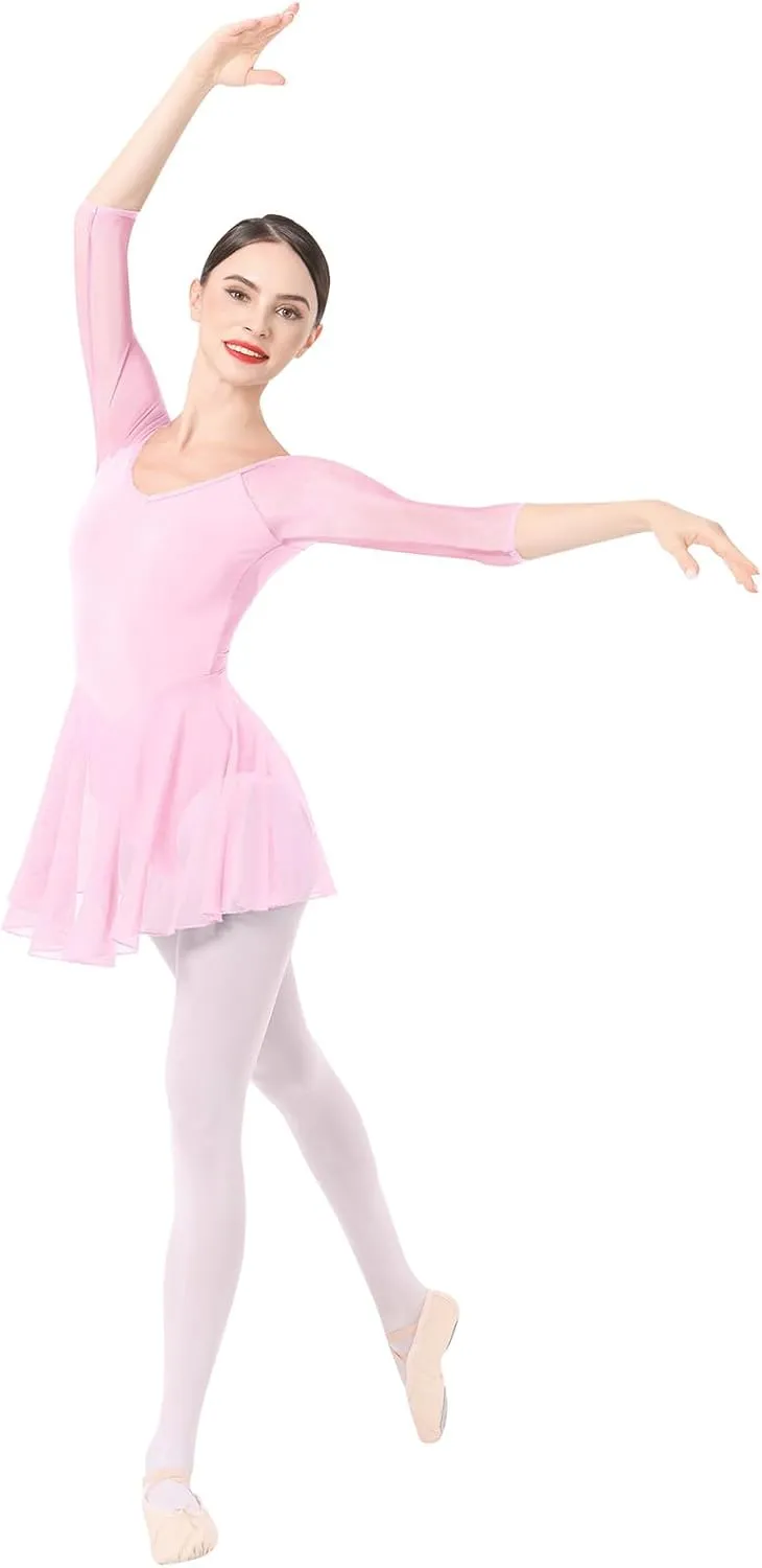 IBAKOM Ballet Leotards Dress for Women 3/4 Mesh Sleeve V Neck Scoop Back Gymnastics Leotard Slim Fit Ballerina Dance Leotard