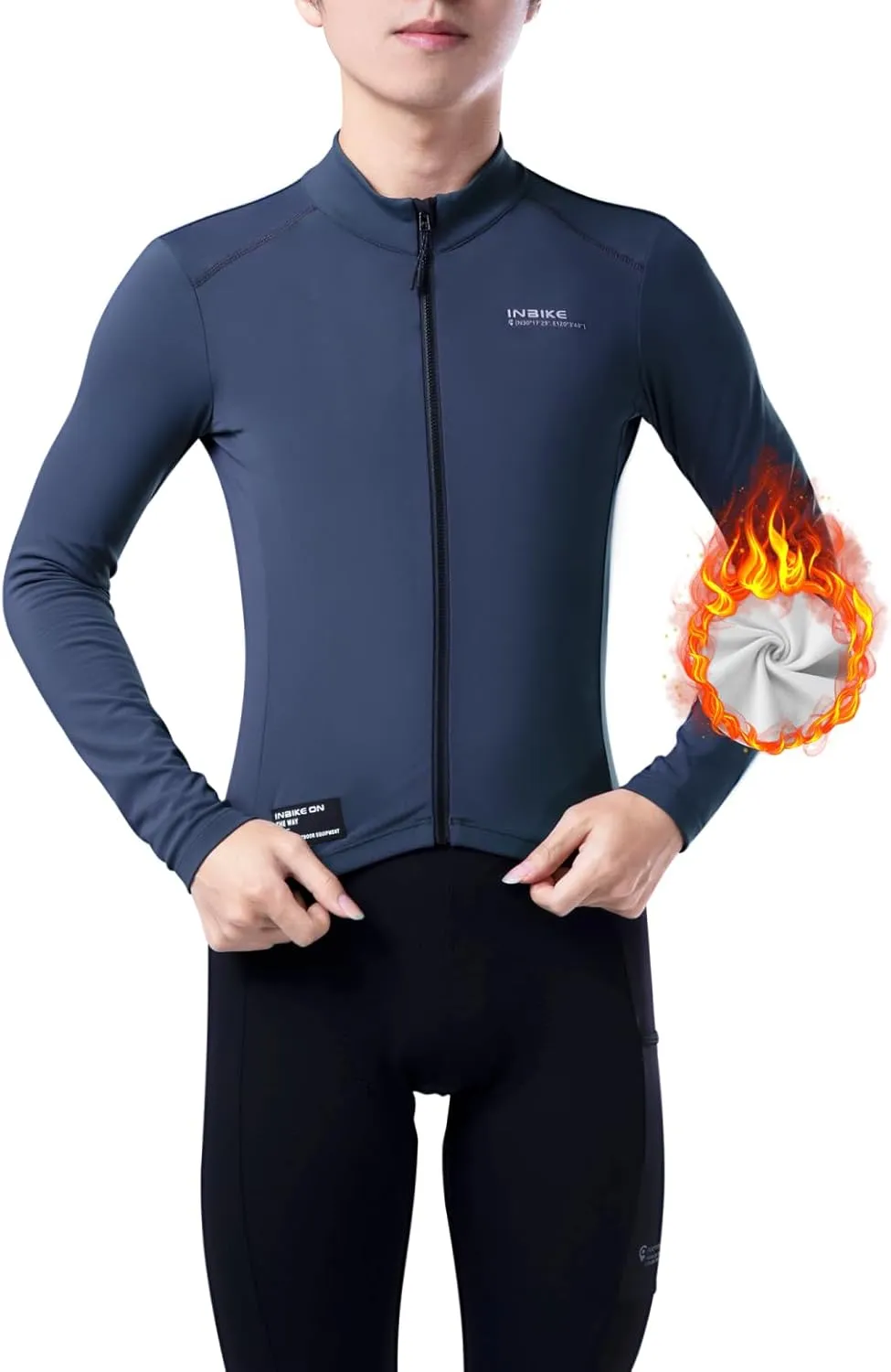 INBIKE Fleece Lined Cycling Jersey for Men Women, Winter Thermal Long Sleeve Bike Jacket with 3 Pockets, Quick Dry