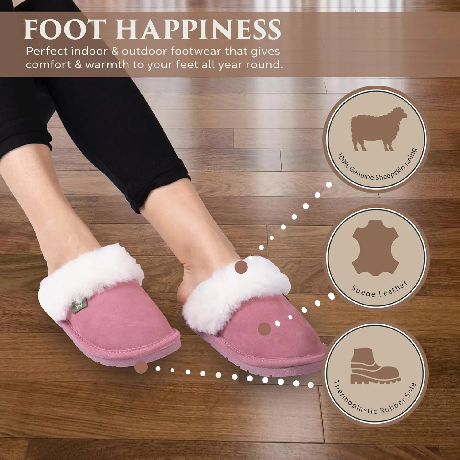 Indoor Outdoor Scuff House Slippers for Women - Genuine Sheepskin Slip-on Slippers
