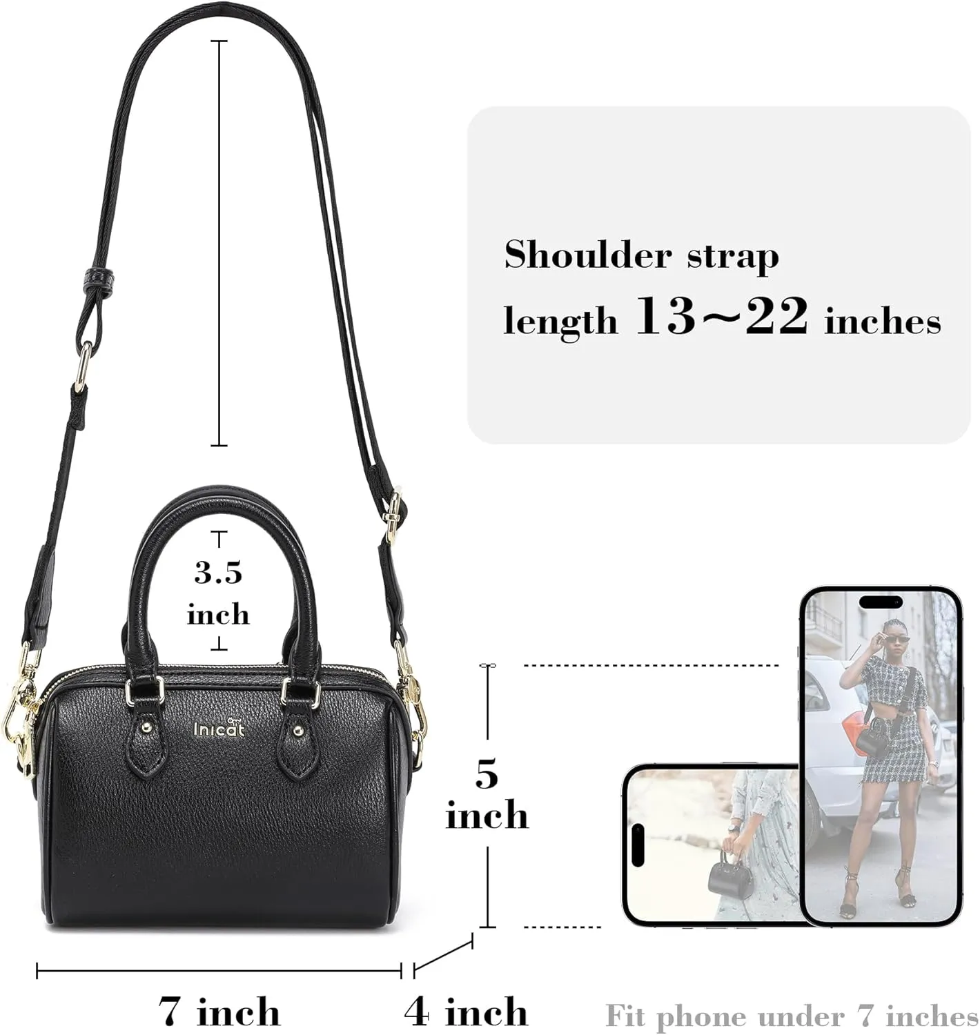 INICAT Mini Purse Small Satchel Top-Handle Handbag Boston Barrel Travel Bags for Women with Detachable Crossbody Strap