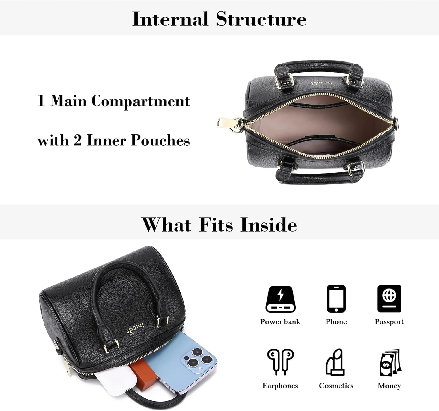 INICAT Mini Purse Small Satchel Top-Handle Handbag Boston Barrel Travel Bags for Women with Detachable Crossbody Strap