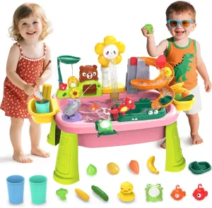 Interactive Water Table for Toddlers 1-3, Outdoor Water Table Toys for Boys & Girls with Electric Water Pump, Multi-Activity for Summer Sensory Fun (Pink)