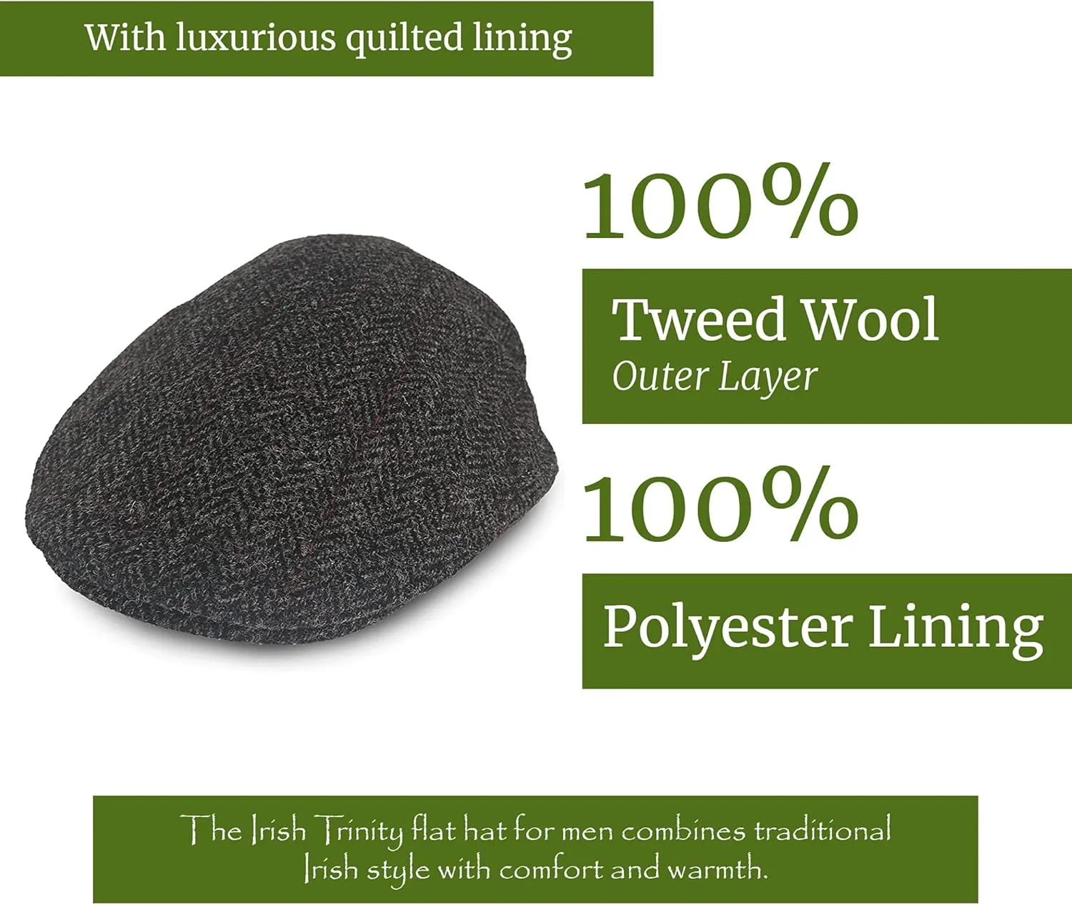Irish Trinity Donegal Tweed Flat Cap, 100% Wool, Quilted Interior, Made in Ireland