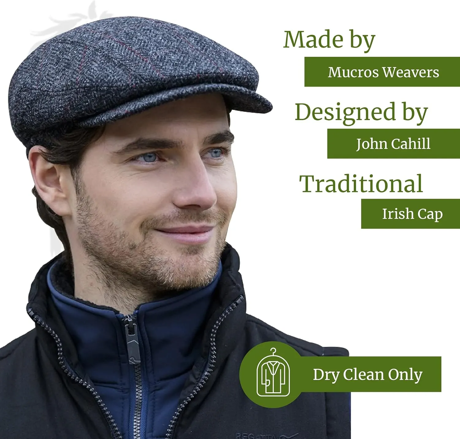 Irish Trinity Donegal Tweed Flat Cap, 100% Wool, Quilted Interior, Made in Ireland