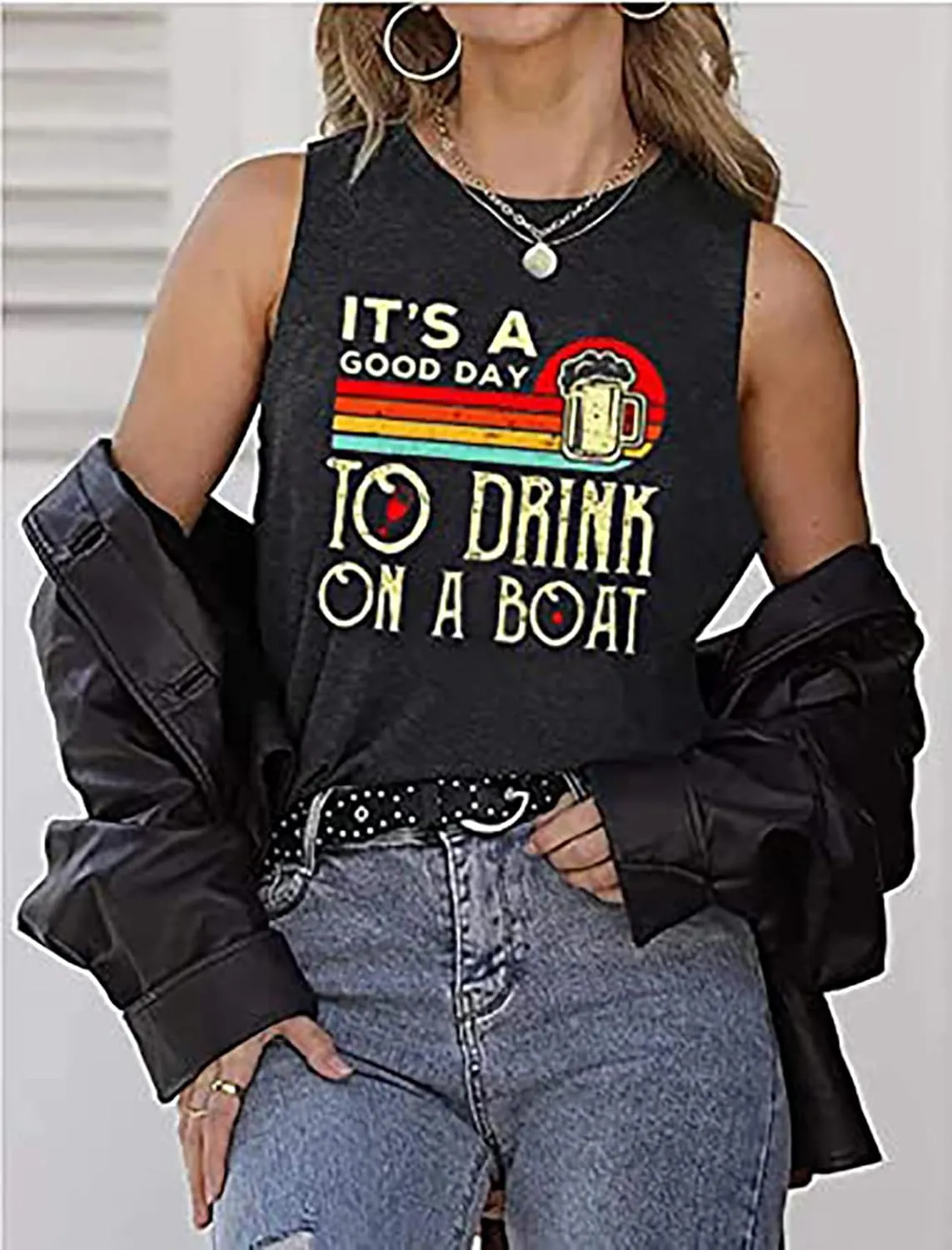 It is A Good Day to Drink On A Boat Tank Tops Women Funny Drinking Shirt Letter Print Sleeveless T-Shirt