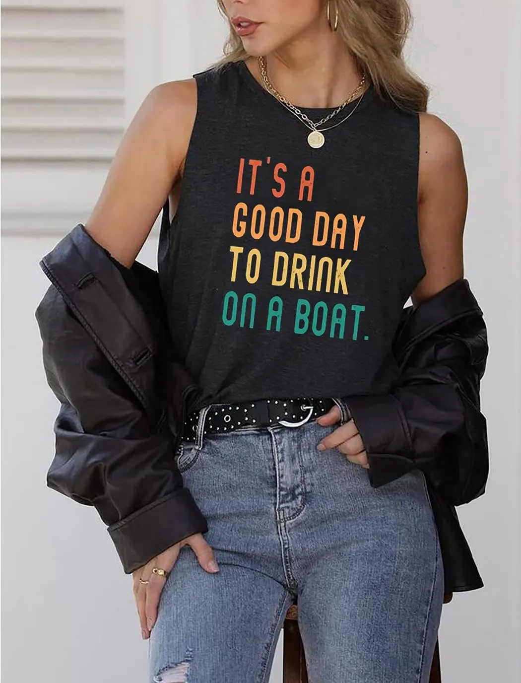 It is A Good Day to Drink On A Boat Tank Tops Women Funny Drinking Shirt Letter Print Sleeveless T-Shirt