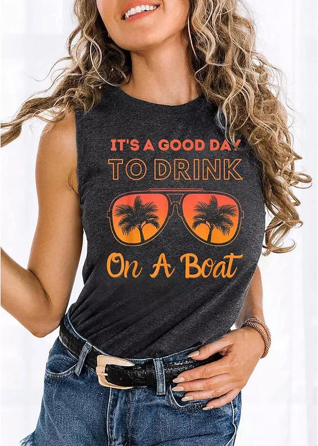 It is A Good Day to Drink On A Boat Tank Tops Women Funny Drinking Shirt Letter Print Sleeveless T-Shirt