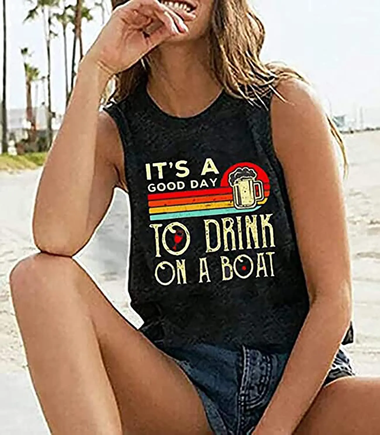 It is A Good Day to Drink On A Boat Tank Tops Women Funny Drinking Shirt Letter Print Sleeveless T-Shirt