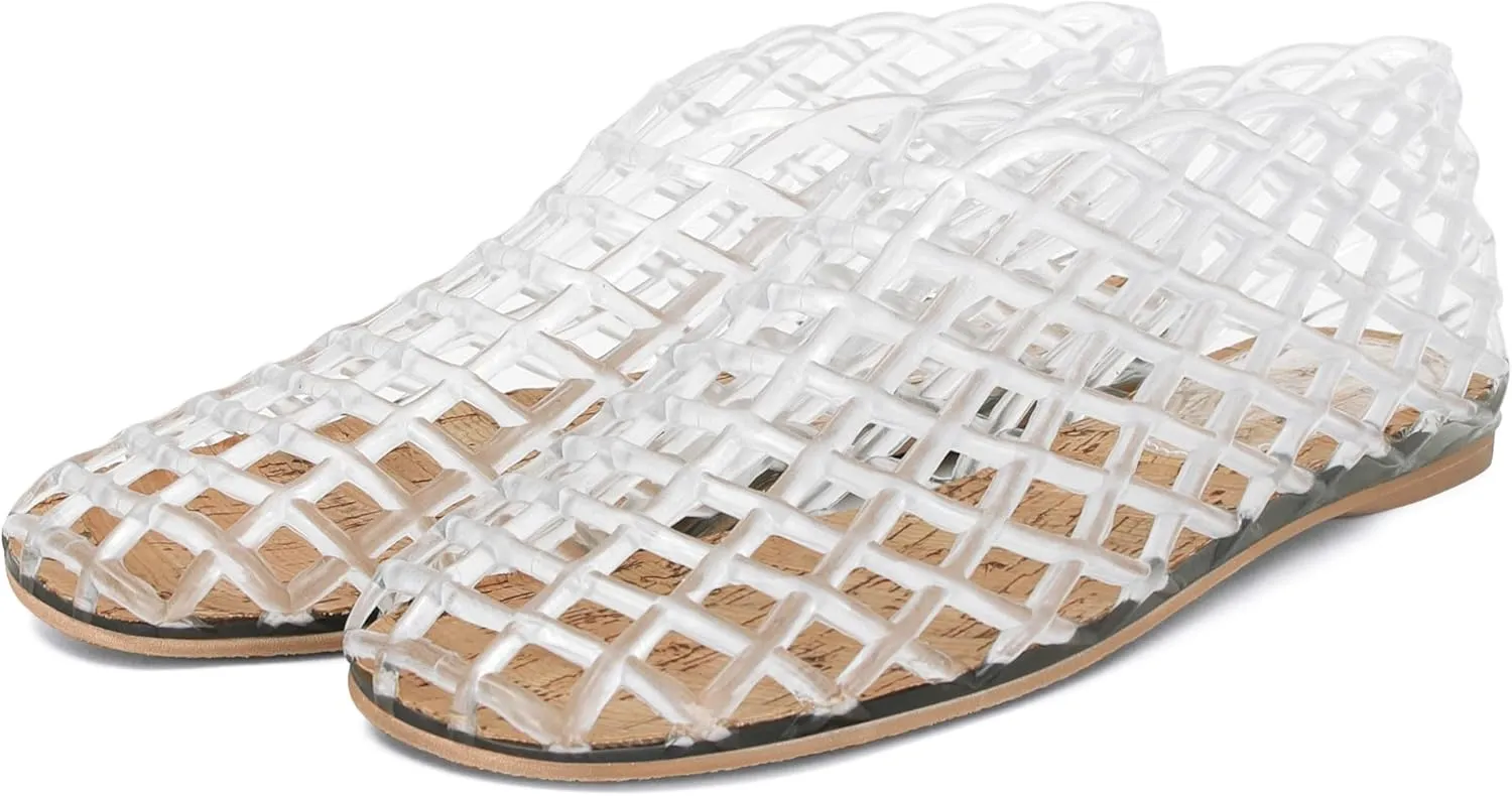 Jelly Mesh Ballet Flats for Women Clear Hollow Jellies Flat Sandals Round Toe Slip On Beach Balleria Flat Shoes