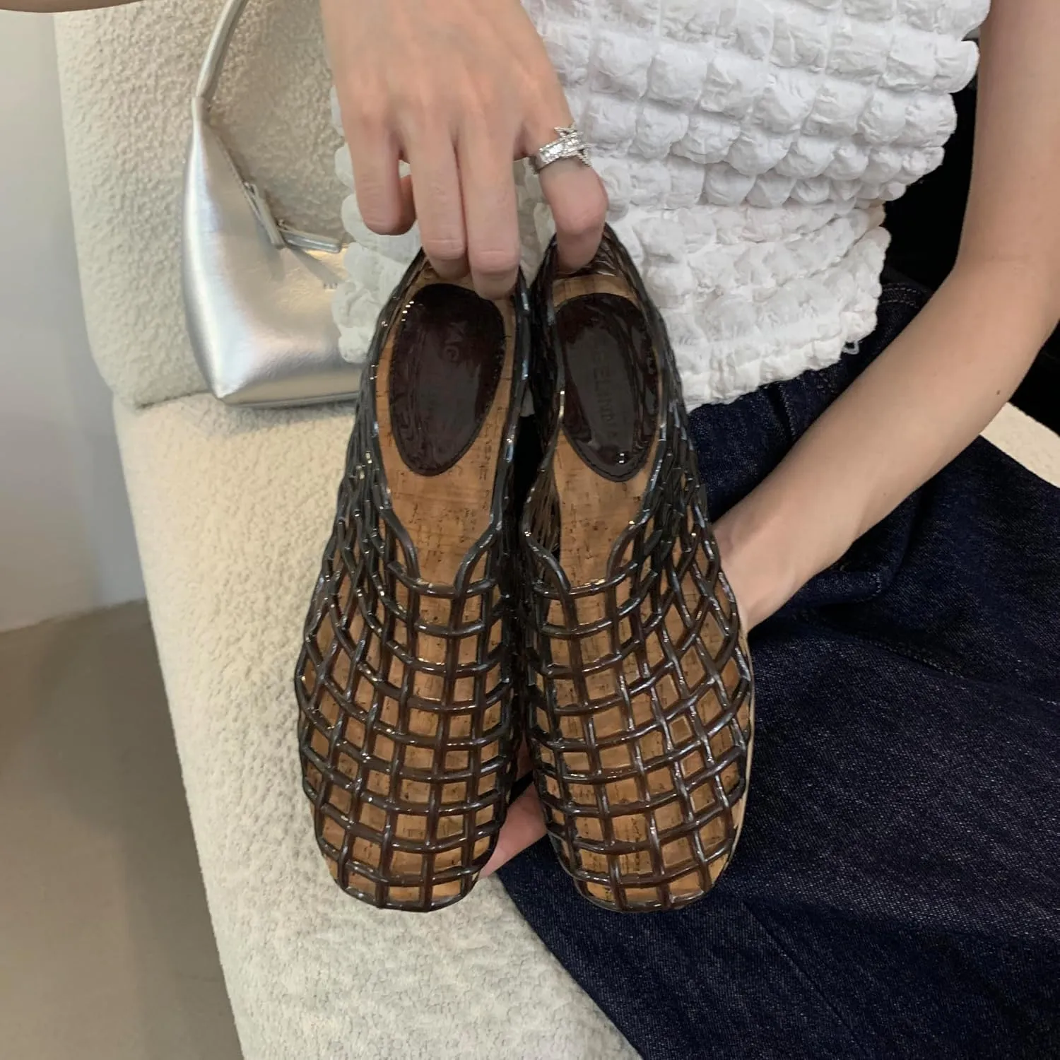 Jelly Mesh Ballet Flats for Women Clear Hollow Jelly Shoes Sandals Round Toe Non-Slip Beach Ballerina Jellies Flats Shoes