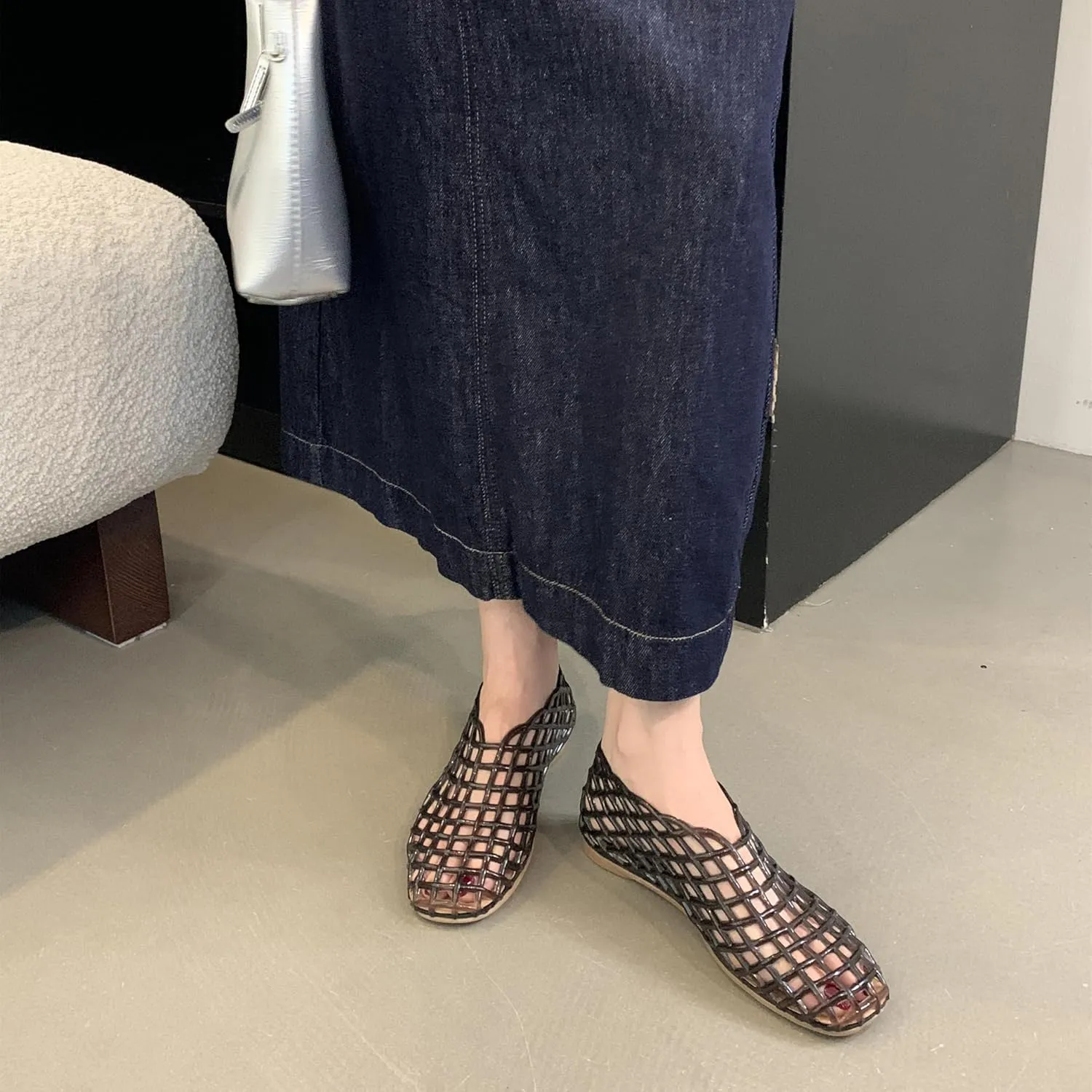 Jelly Mesh Ballet Flats for Women Clear Hollow Jelly Shoes Sandals Round Toe Non-Slip Beach Ballerina Jellies Flats Shoes
