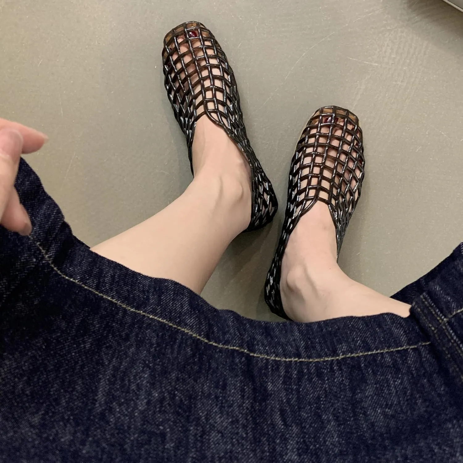 Jelly Mesh Ballet Flats for Women Clear Hollow Jelly Shoes Sandals Round Toe Non-Slip Beach Ballerina Jellies Flats Shoes