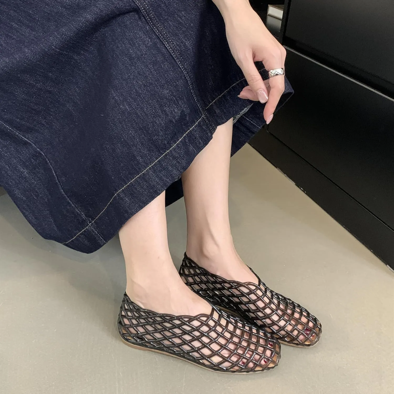 Jelly Mesh Ballet Flats for Women Clear Hollow Jelly Shoes Sandals Round Toe Non-Slip Beach Ballerina Jellies Flats Shoes