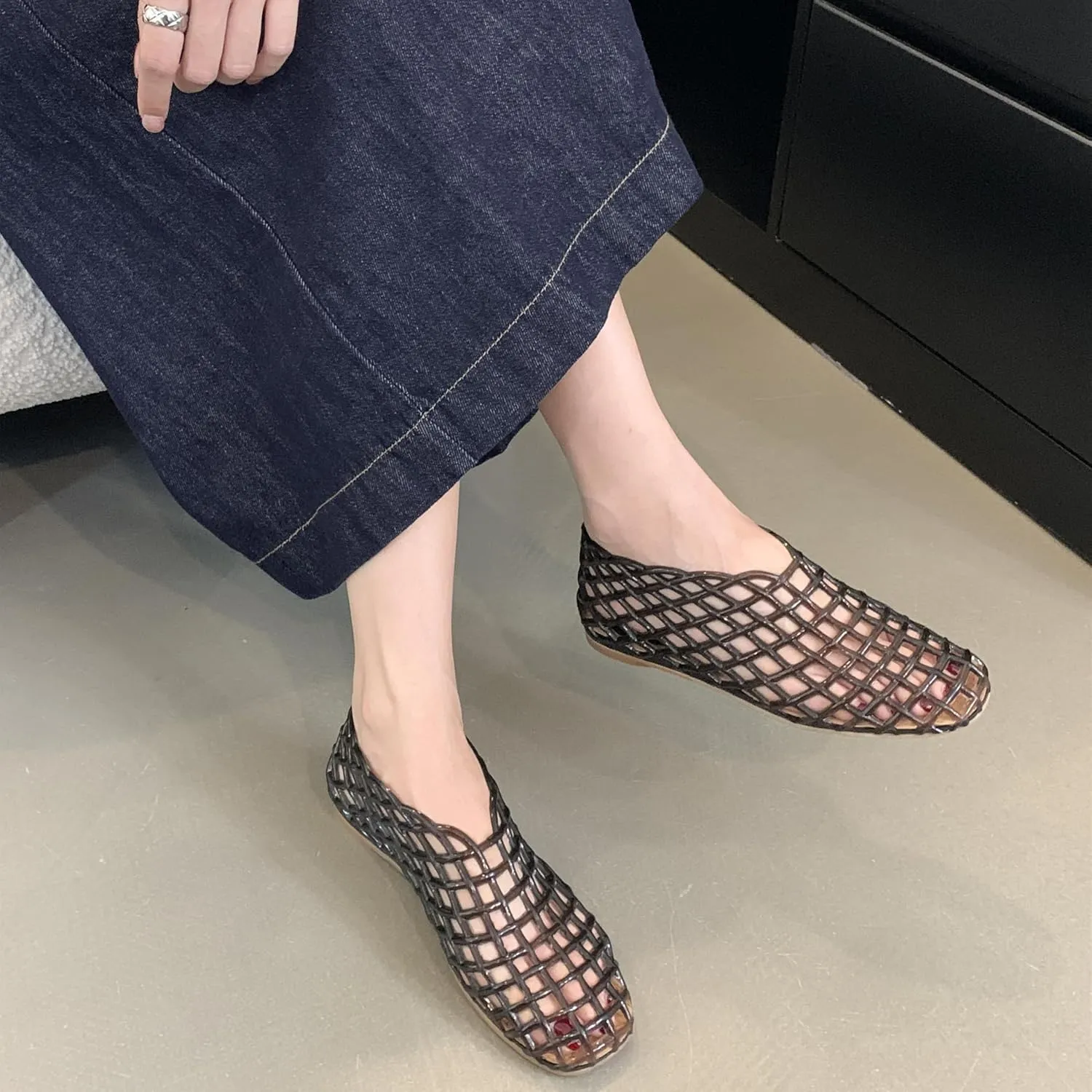 Jelly Mesh Ballet Flats for Women Clear Hollow Jelly Shoes Sandals Round Toe Non-Slip Beach Ballerina Jellies Flats Shoes