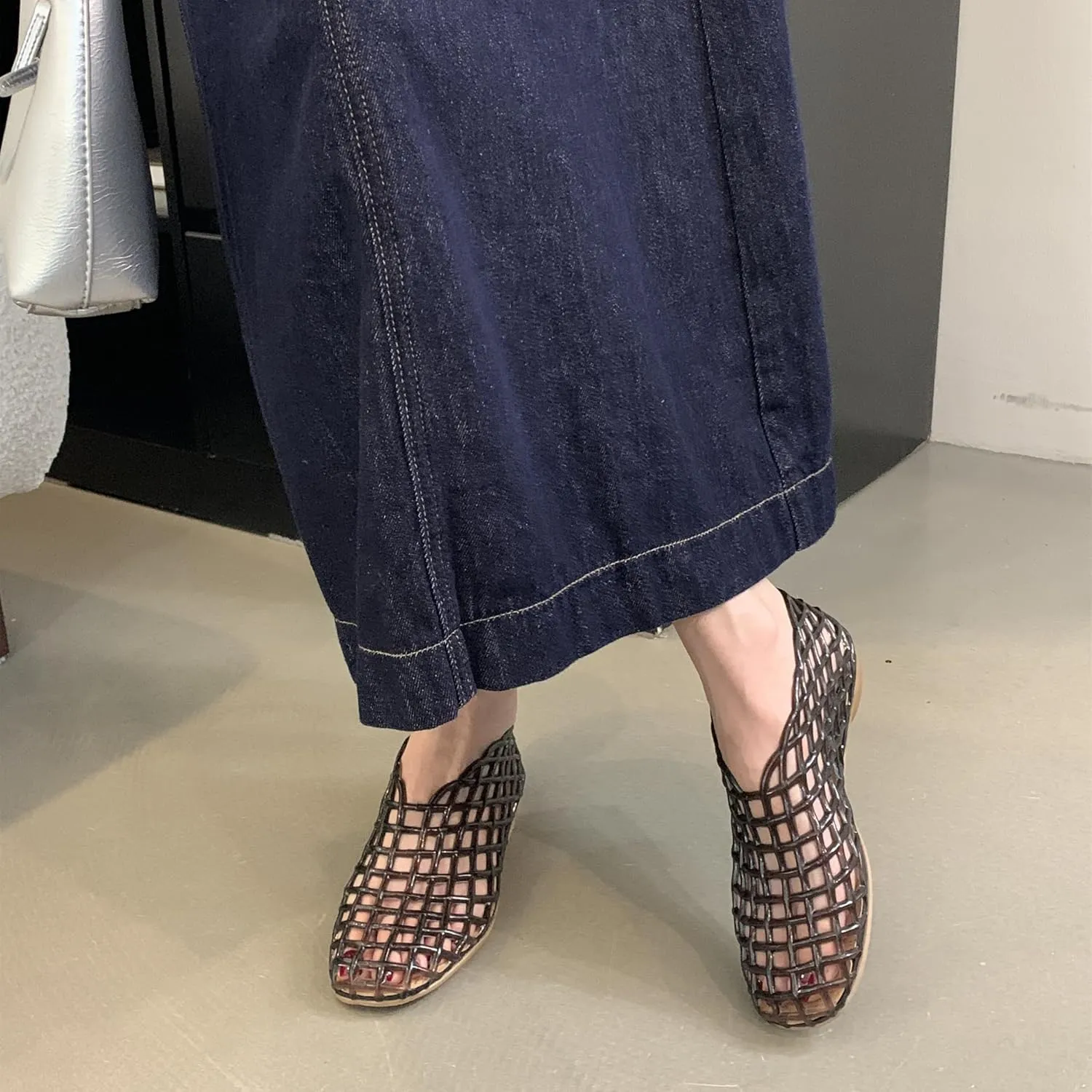 Jelly Mesh Ballet Flats for Women Clear Hollow Jelly Shoes Sandals Round Toe Non-Slip Beach Ballerina Jellies Flats Shoes