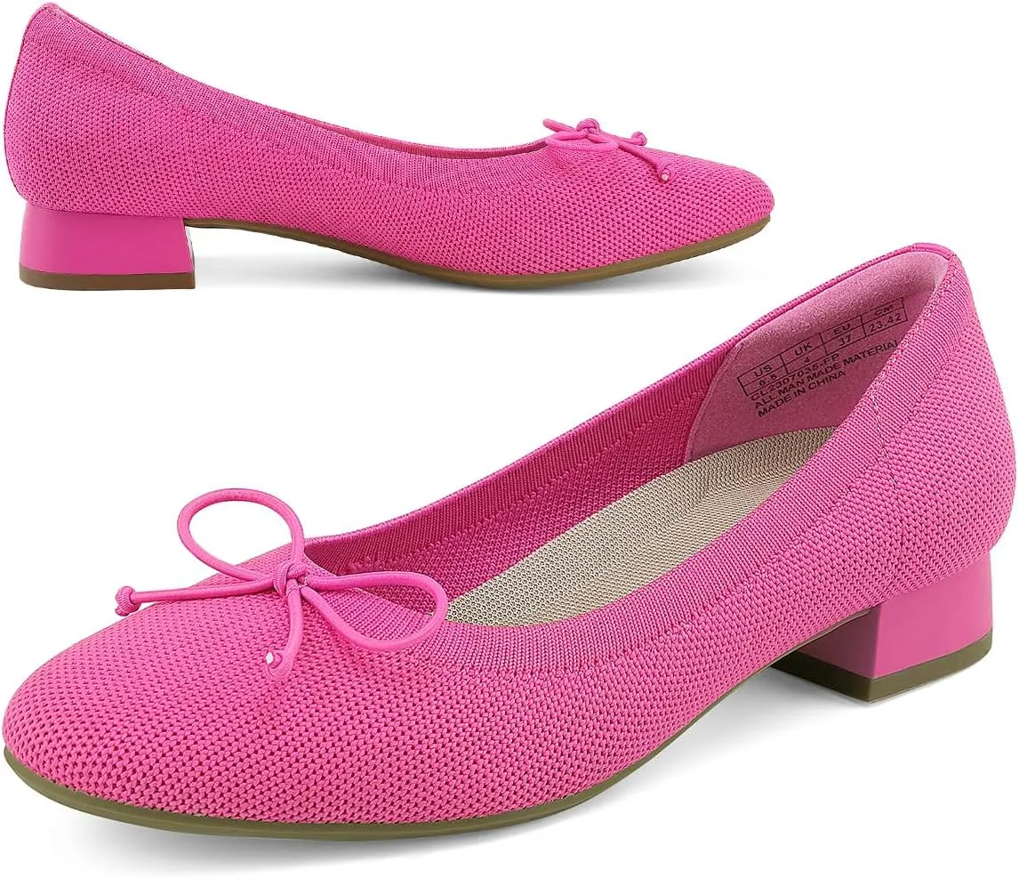 JENN ARDOR Womens Ballet Chunky Pumps Low Heels Dress Shoes Ladies Casual Office Shoes for Women Round Toe Knit Comfortable Slip On Mesh Flat