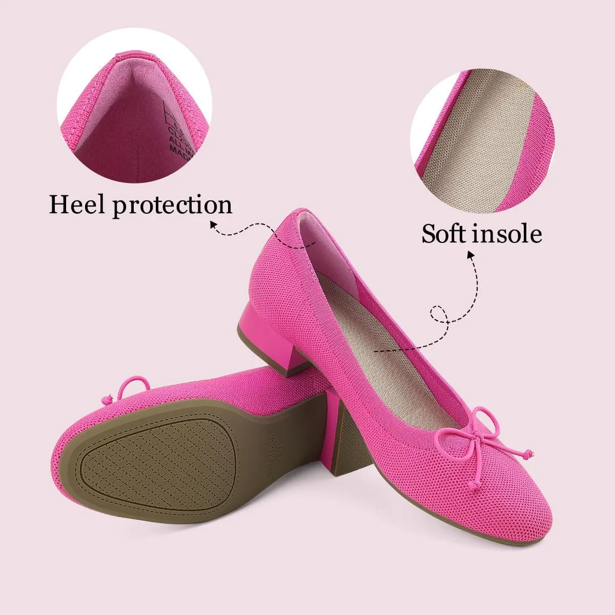 JENN ARDOR Womens Ballet Chunky Pumps Low Heels Dress Shoes Ladies Casual Office Shoes for Women Round Toe Knit Comfortable Slip On Mesh Flat
