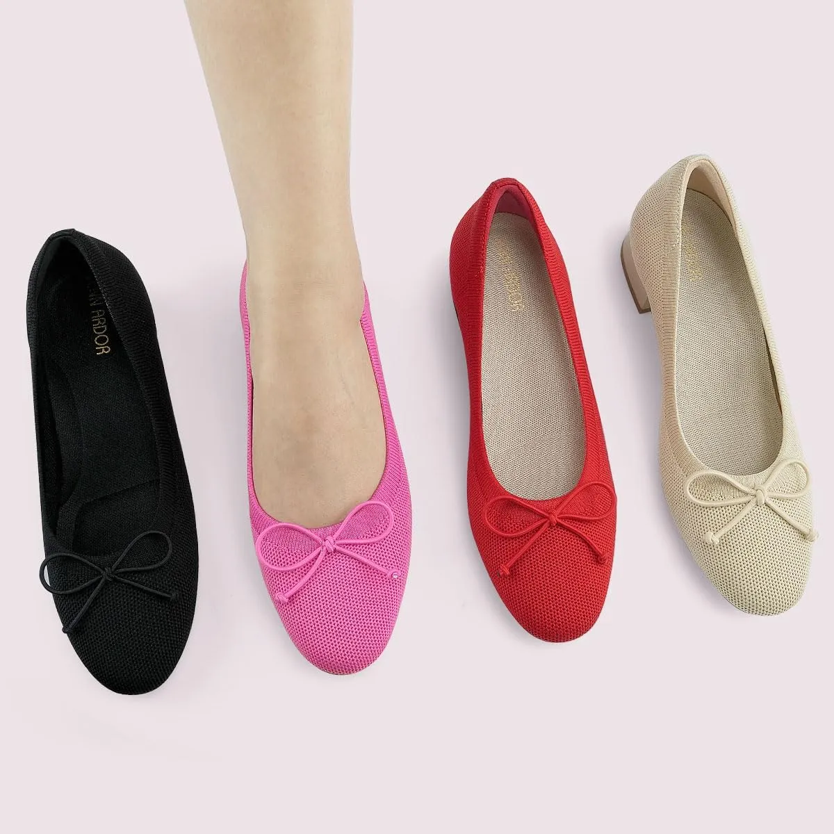 JENN ARDOR Womens Ballet Chunky Pumps Low Heels Dress Shoes Ladies Casual Office Shoes for Women Round Toe Knit Comfortable Slip On Mesh Flat