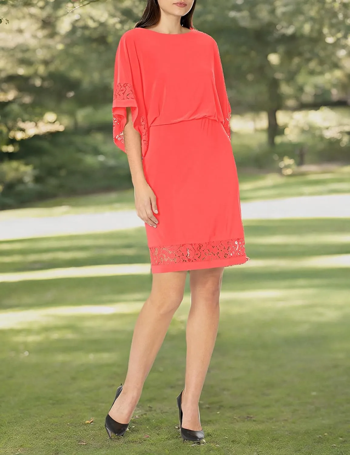 Jessica Howard Women's Lace Trim Knit Mini Dress – Boat Neck Elbow Sleeve Desk to Dinner