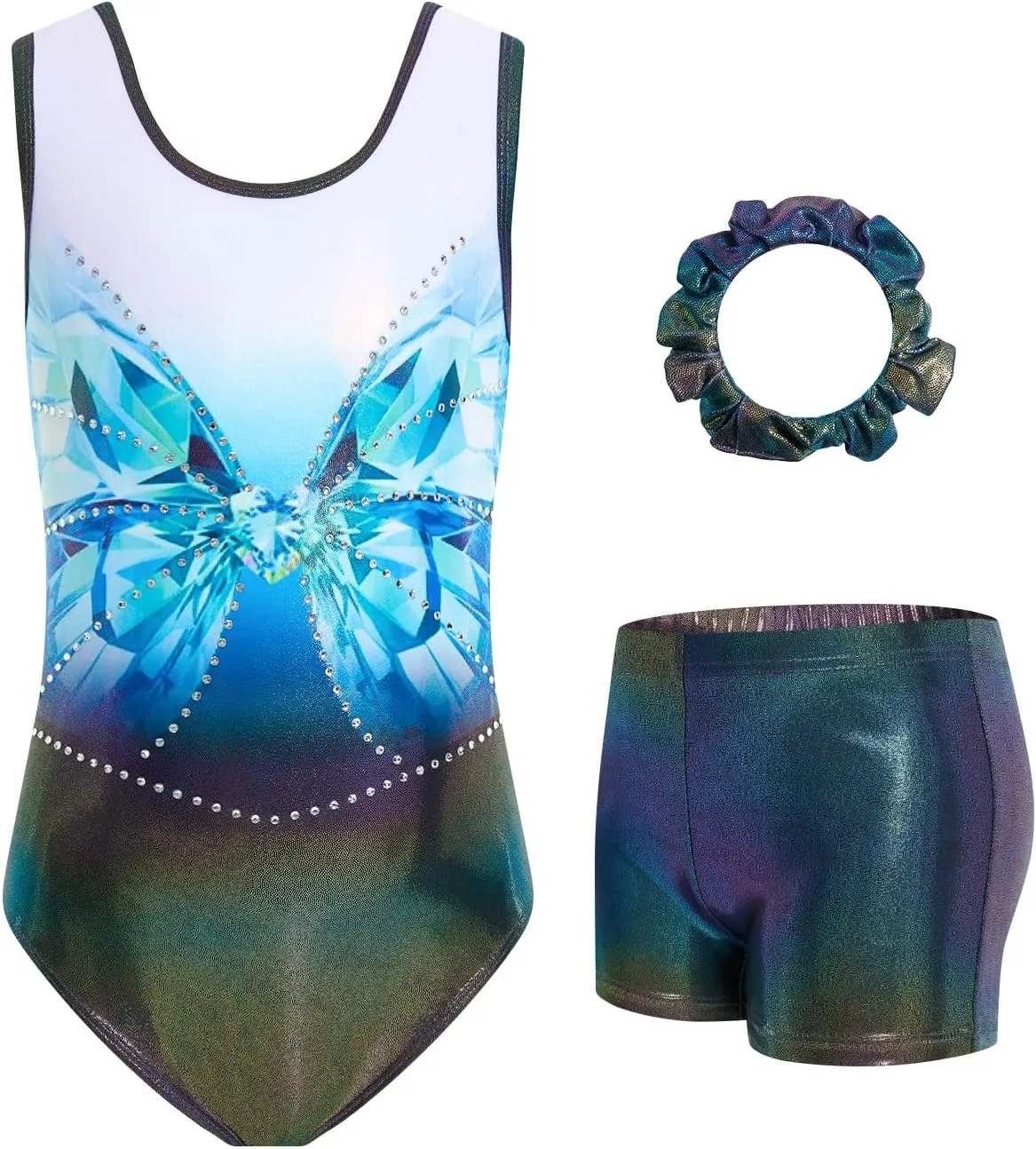 JiAmy Girls Gymnastics Leotards, Glitter Ballet Dance Unitards Biketards Activewear with Short & Hairband for Kids