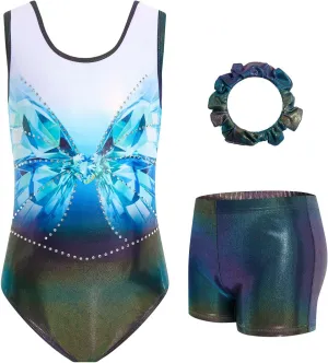 JiAmy Girls Gymnastics Leotards, Glitter Ballet Dance Unitards Biketards Activewear with Short & Hairband for Kids