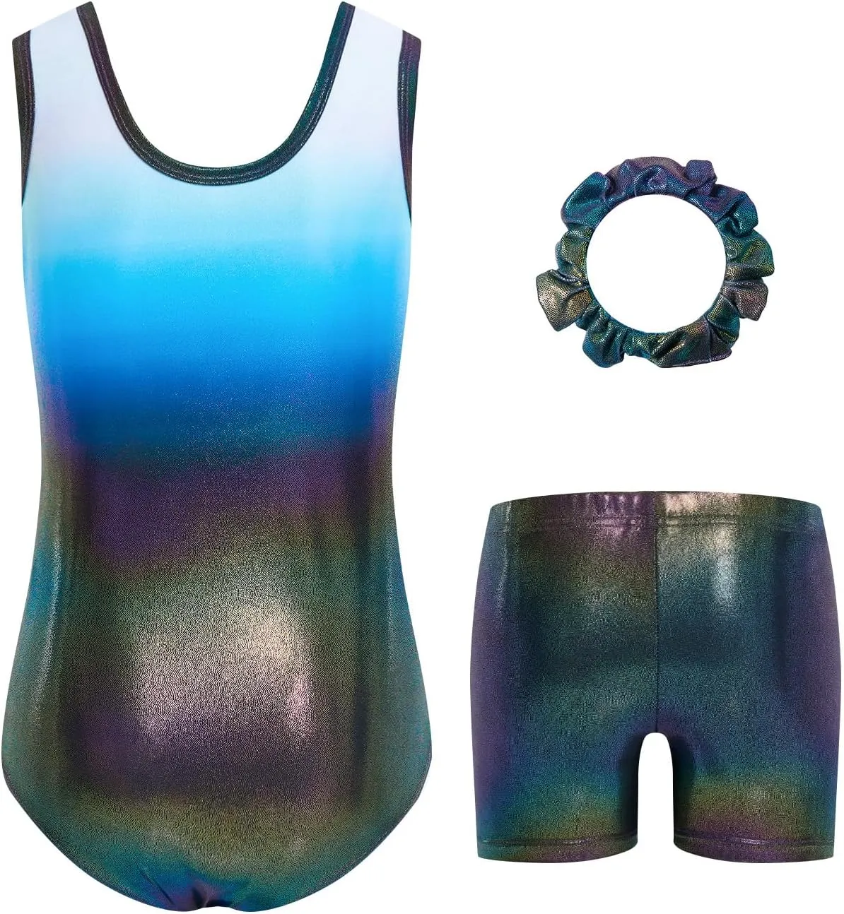 JiAmy Girls Gymnastics Leotards, Glitter Ballet Dance Unitards Biketards Activewear with Short & Hairband for Kids
