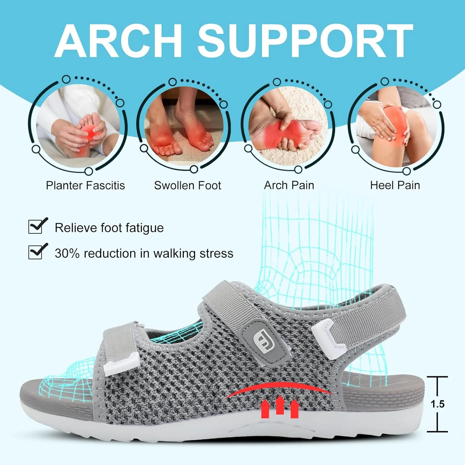 JOINFREE Womens Orthopedic Walking Hiking Sandals Adjustable Open Toe Sports Water Sandals with Plantar Fasciitis Arch Support Thick Athletic Cushion Outdoor Beach Sandals