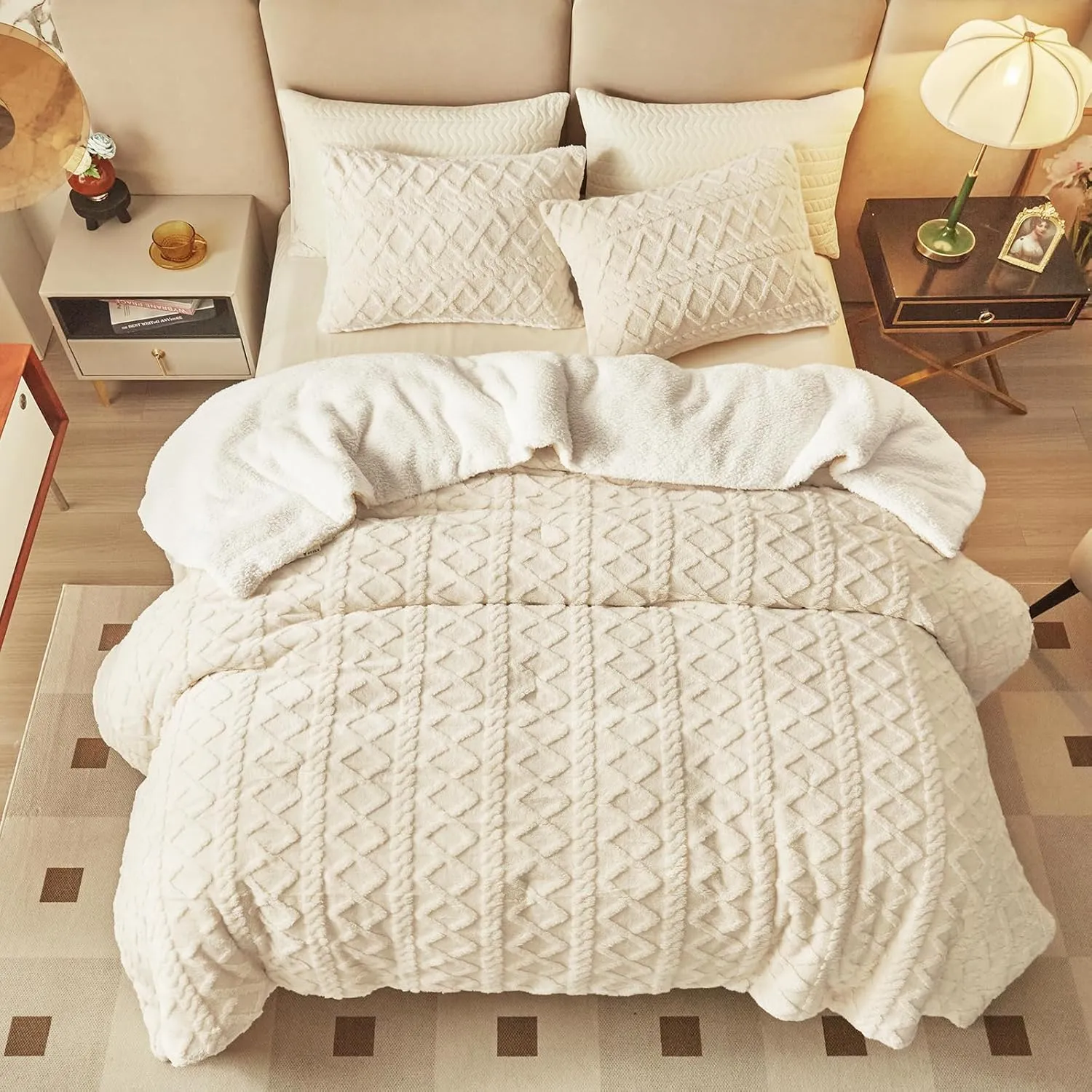 Joyreap 3-Piece Fluffy Faux Fur Sherpa Comforter Set Beige, King Size Luxury Tufted Bedding Comforter Set, All Season Soft n Cozy Plush Comforter Bed Set- 100x88 inches
