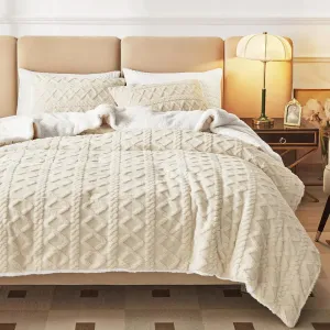 Joyreap 3-Piece Fluffy Faux Fur Sherpa Comforter Set Beige, King Size Luxury Tufted Bedding Comforter Set, All Season Soft n Cozy Plush Comforter Bed Set- 100x88 inches