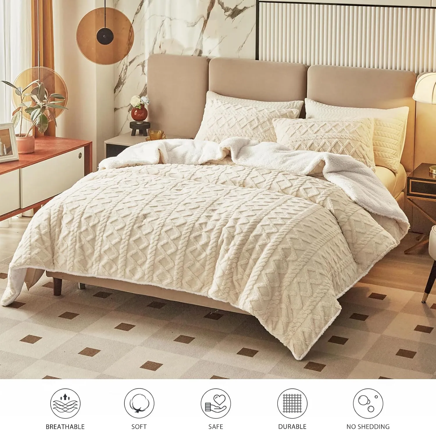 Joyreap 3-Piece Fluffy Faux Fur Sherpa Comforter Set Beige, King Size Luxury Tufted Bedding Comforter Set, All Season Soft n Cozy Plush Comforter Bed Set- 100x88 inches