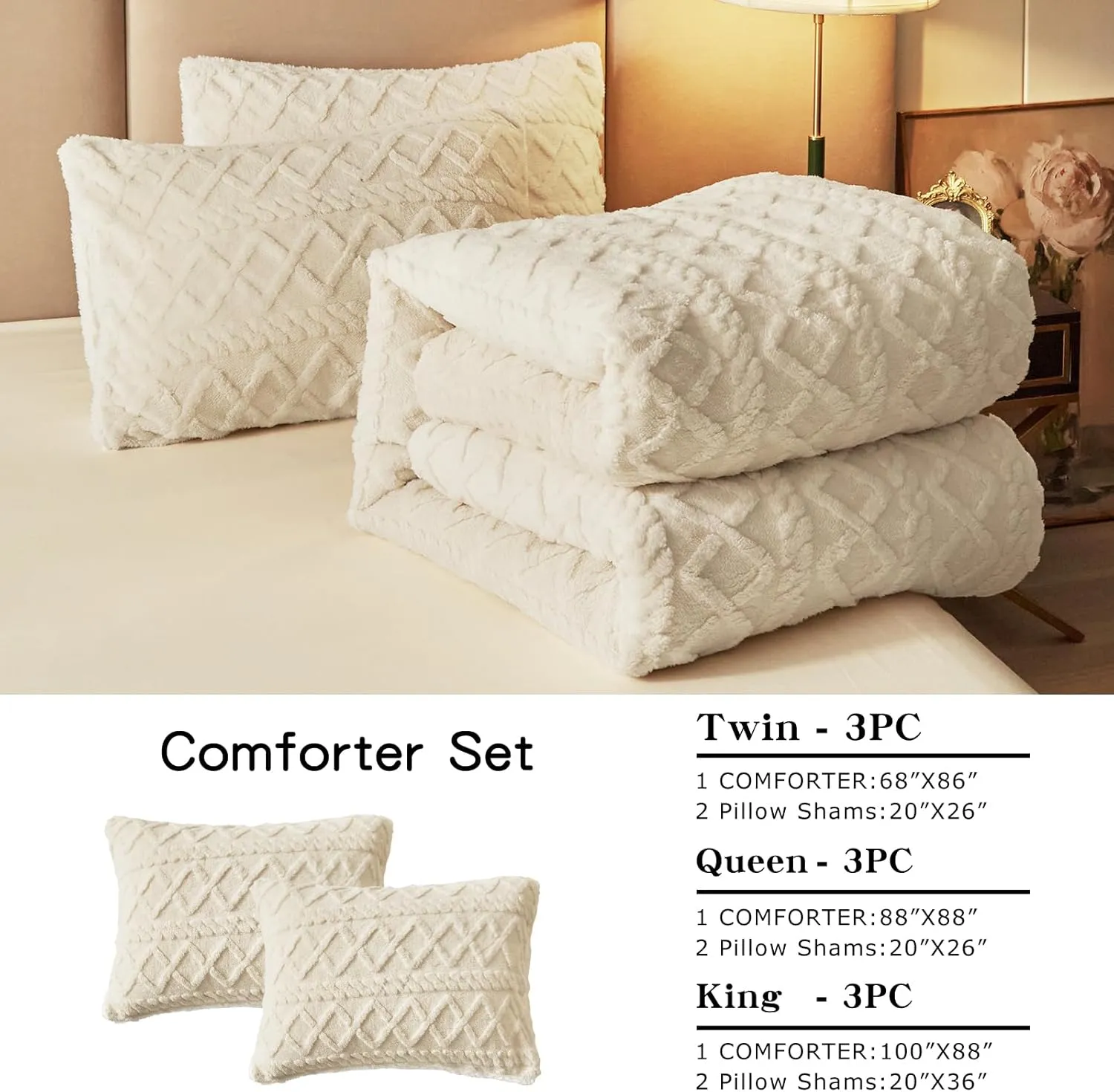 Joyreap 3-Piece Fluffy Faux Fur Sherpa Comforter Set Beige, King Size Luxury Tufted Bedding Comforter Set, All Season Soft n Cozy Plush Comforter Bed Set- 100x88 inches