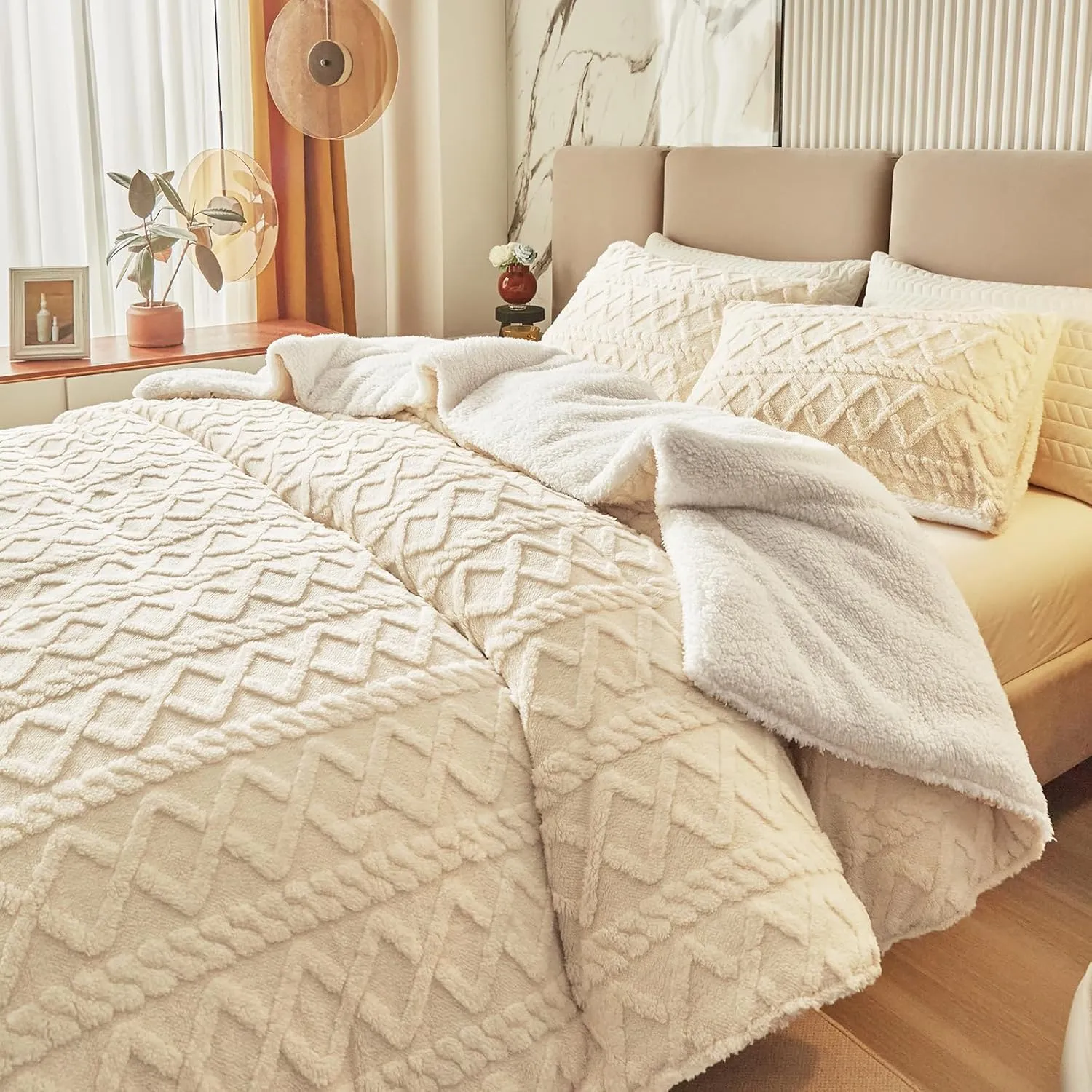 Joyreap 3-Piece Fluffy Faux Fur Sherpa Comforter Set Beige, King Size Luxury Tufted Bedding Comforter Set, All Season Soft n Cozy Plush Comforter Bed Set- 100x88 inches