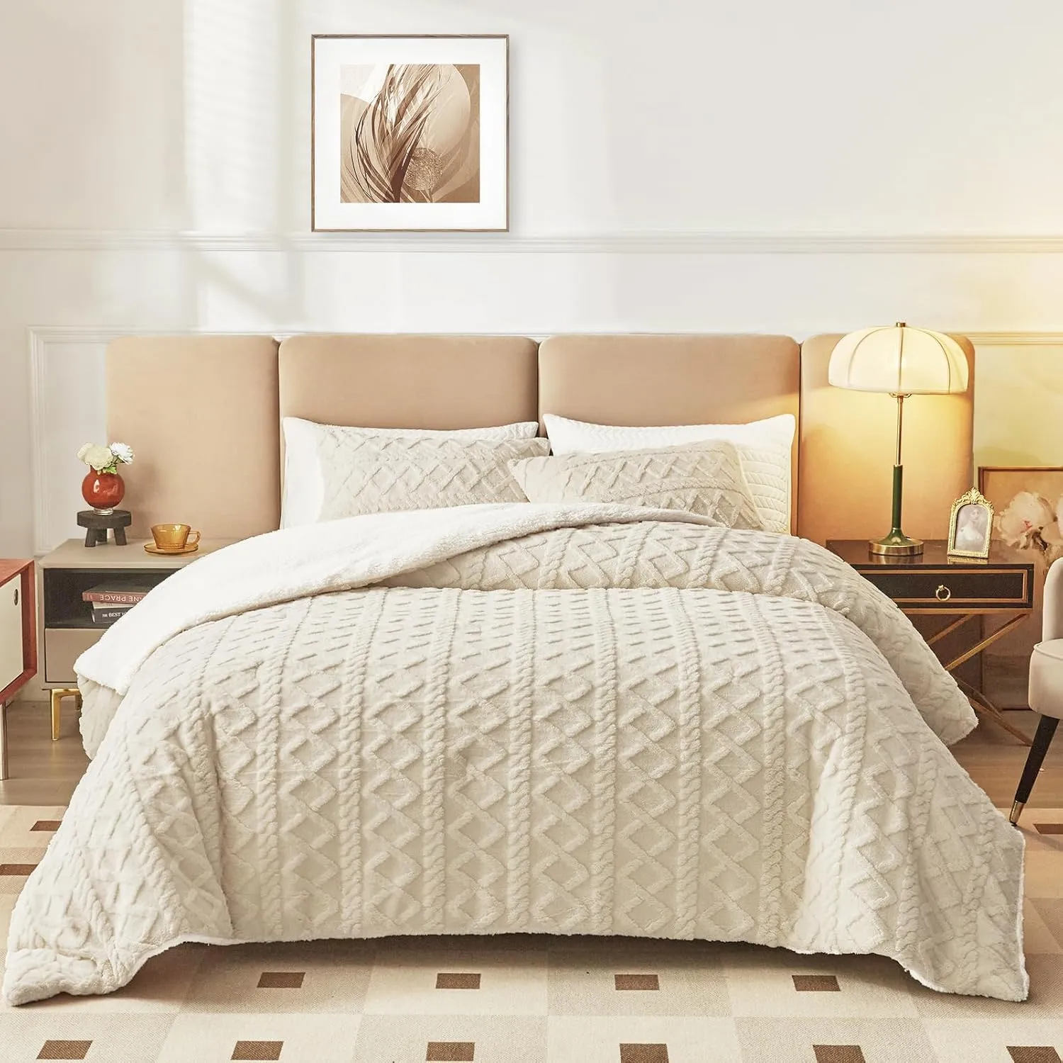 Joyreap 3-Piece Fluffy Faux Fur Sherpa Comforter Set Beige, King Size Luxury Tufted Bedding Comforter Set, All Season Soft n Cozy Plush Comforter Bed Set- 100x88 inches