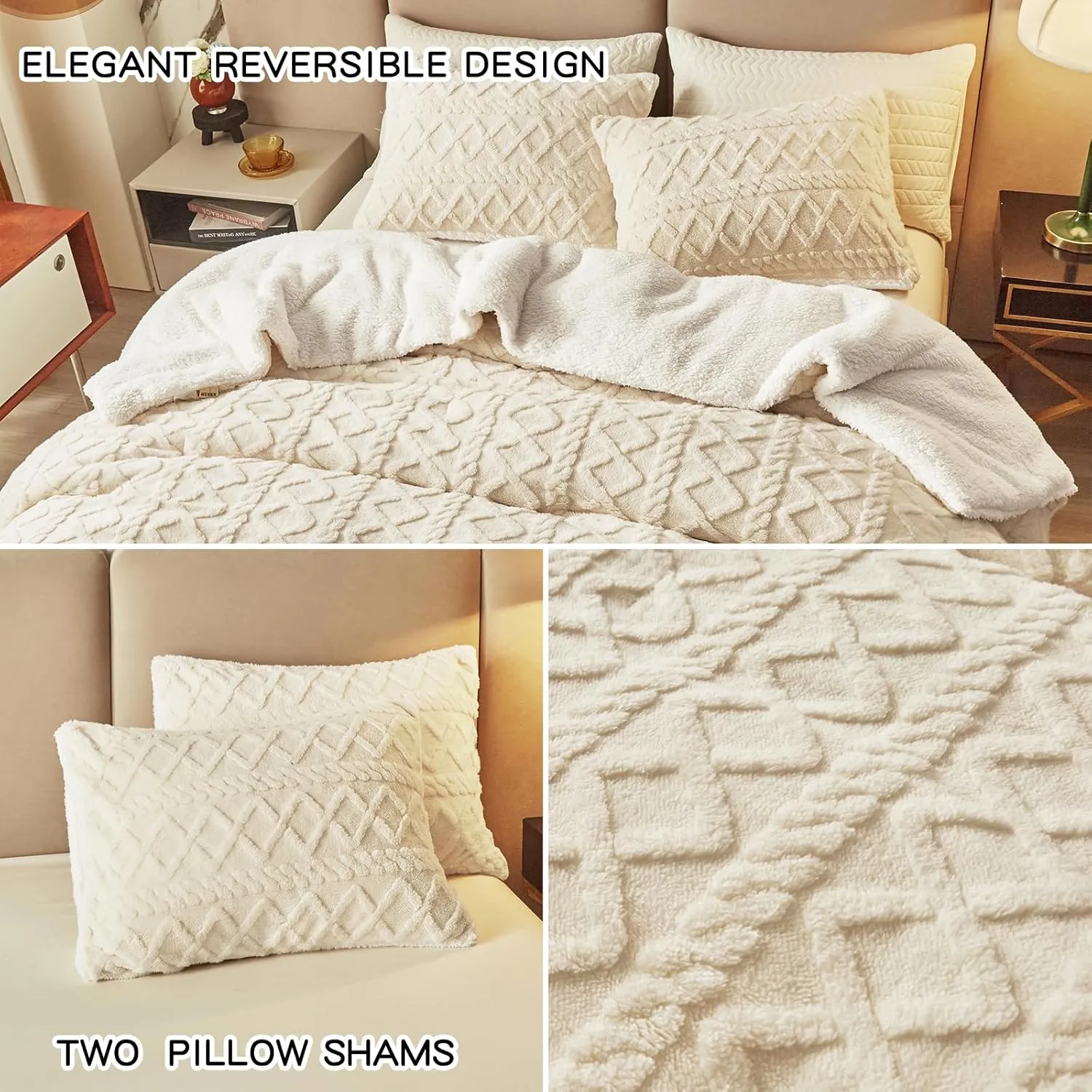 Joyreap 3-Piece Fluffy Faux Fur Sherpa Comforter Set Beige, King Size Luxury Tufted Bedding Comforter Set, All Season Soft n Cozy Plush Comforter Bed Set- 100x88 inches