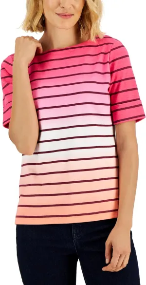 Karen Scott Petite Ombre Striped Elbow-Sleeve Boat-Neck Top Steel Rose PS