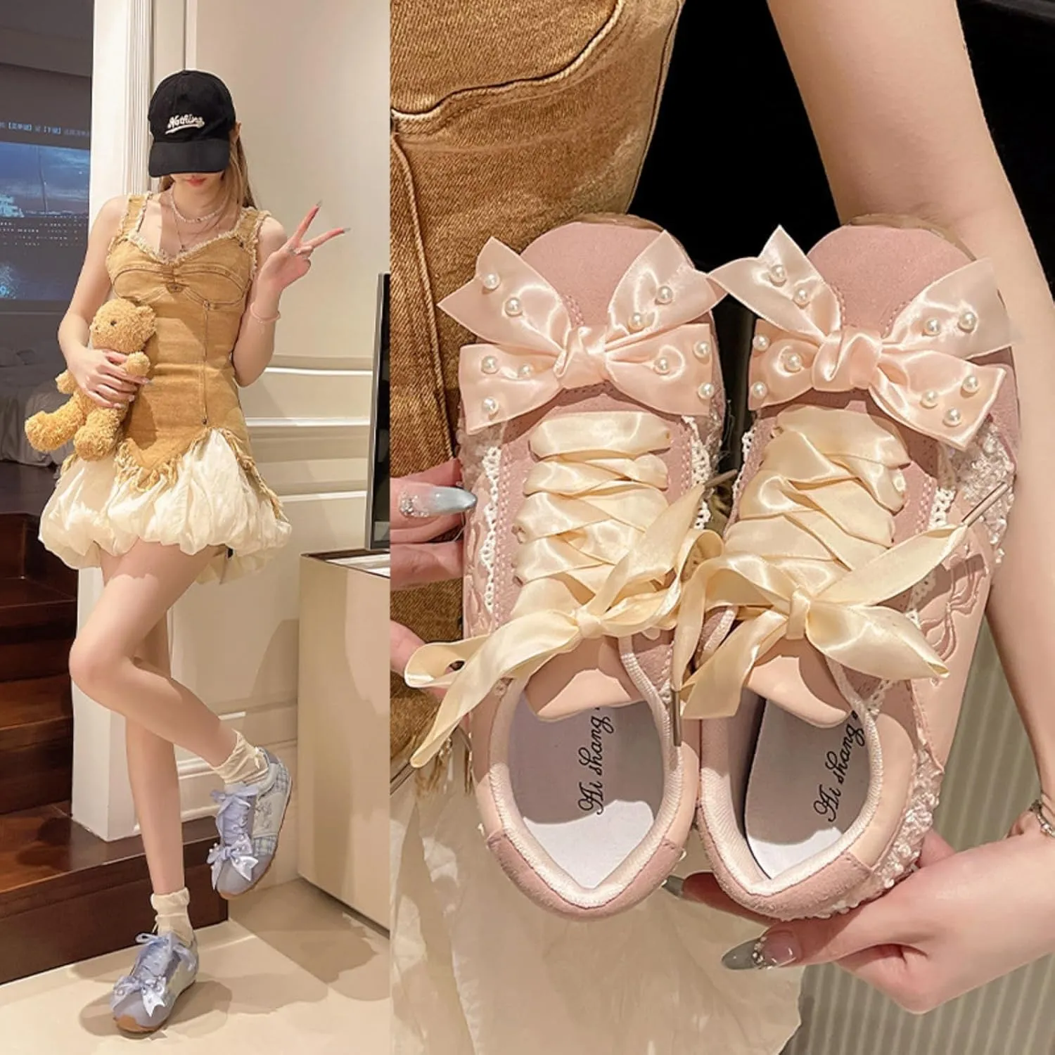 Kawaii Balletcore Sneakers – Aesthetic Lace-Trimmed Platform Trainers with Bows, Casual Fashion Shoes for Women