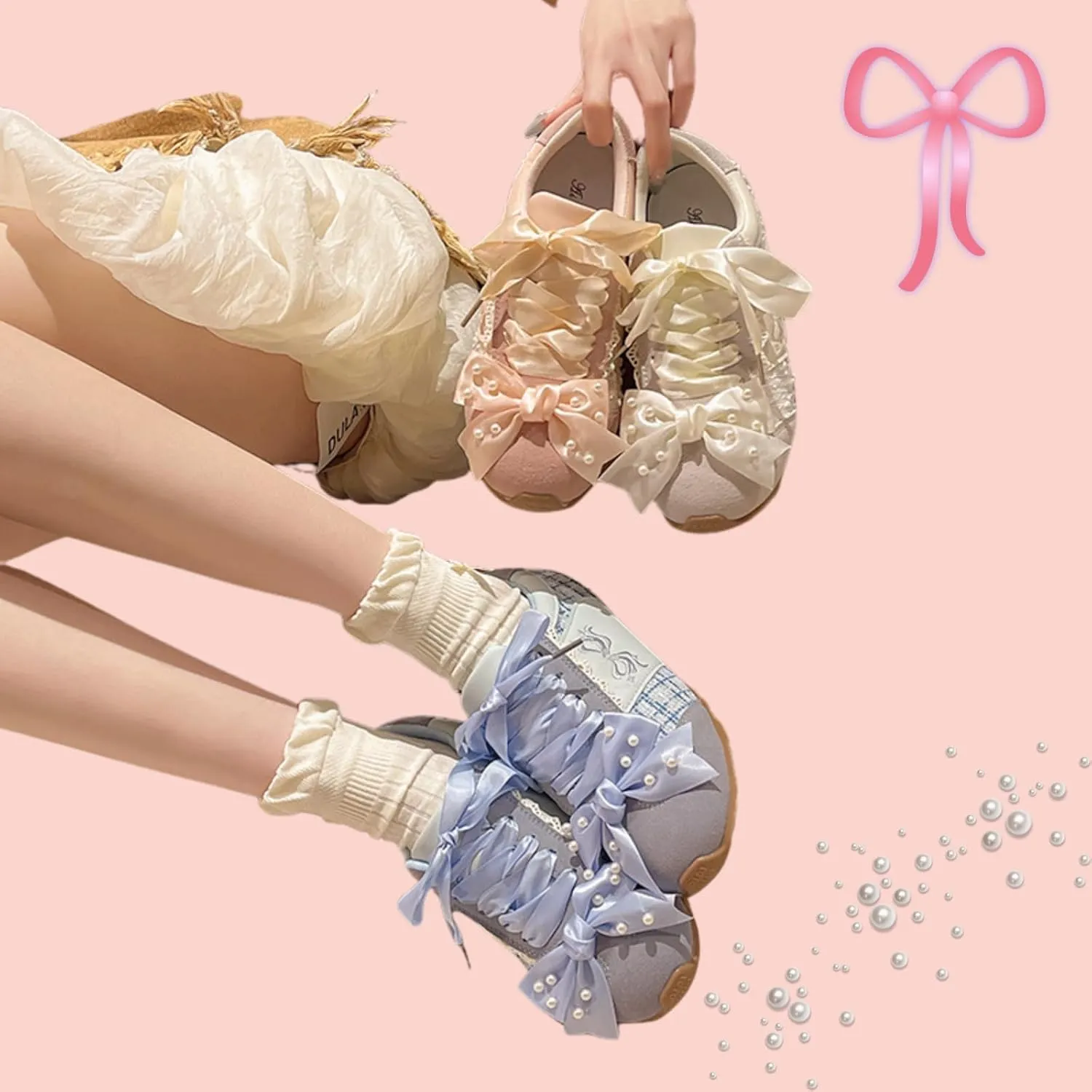 Kawaii Balletcore Sneakers – Aesthetic Lace-Trimmed Platform Trainers with Bows, Casual Fashion Shoes for Women