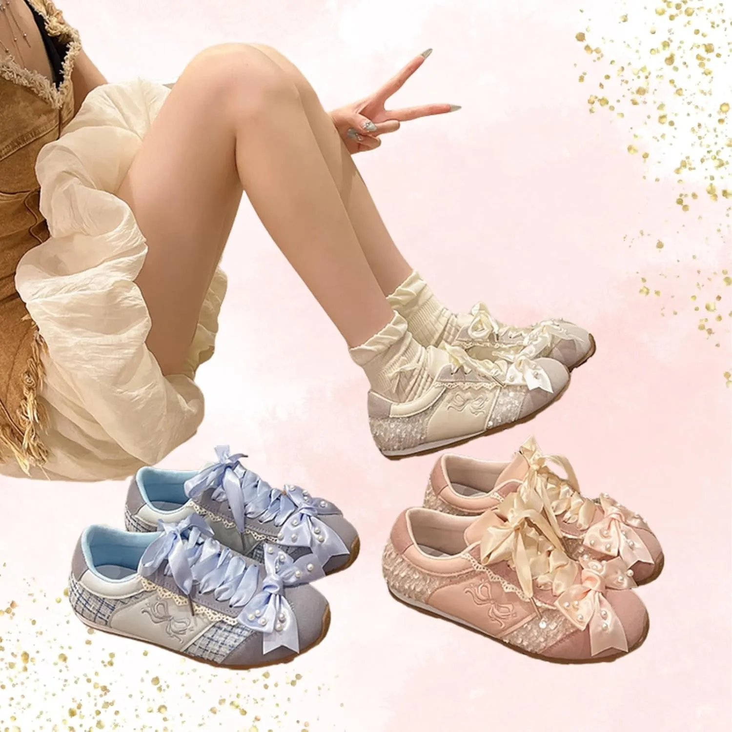 Kawaii Balletcore Sneakers – Aesthetic Lace-Trimmed Platform Trainers with Bows, Casual Fashion Shoes for Women