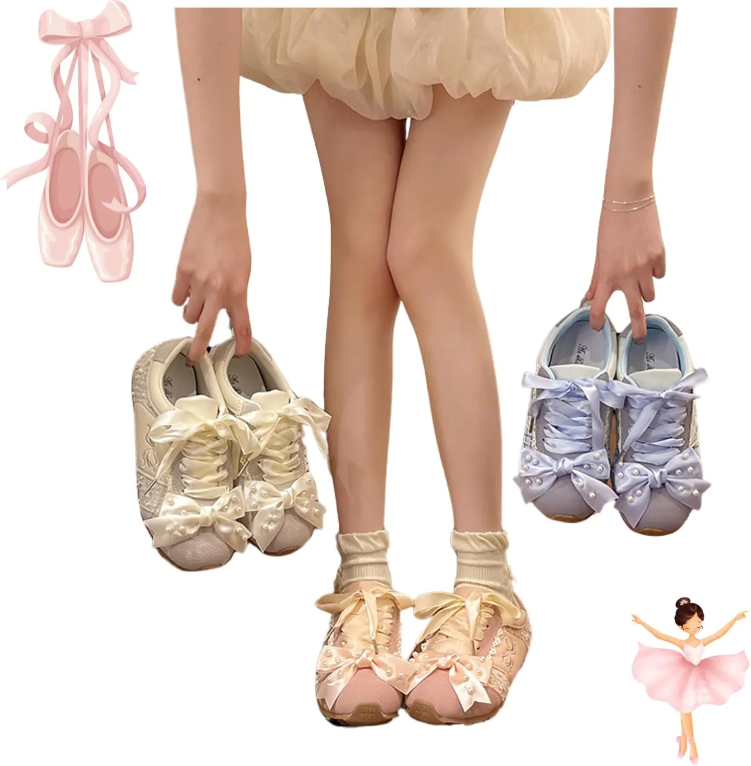 Kawaii Balletcore Sneakers – Aesthetic Lace-Trimmed Platform Trainers with Bows, Casual Fashion Shoes for Women