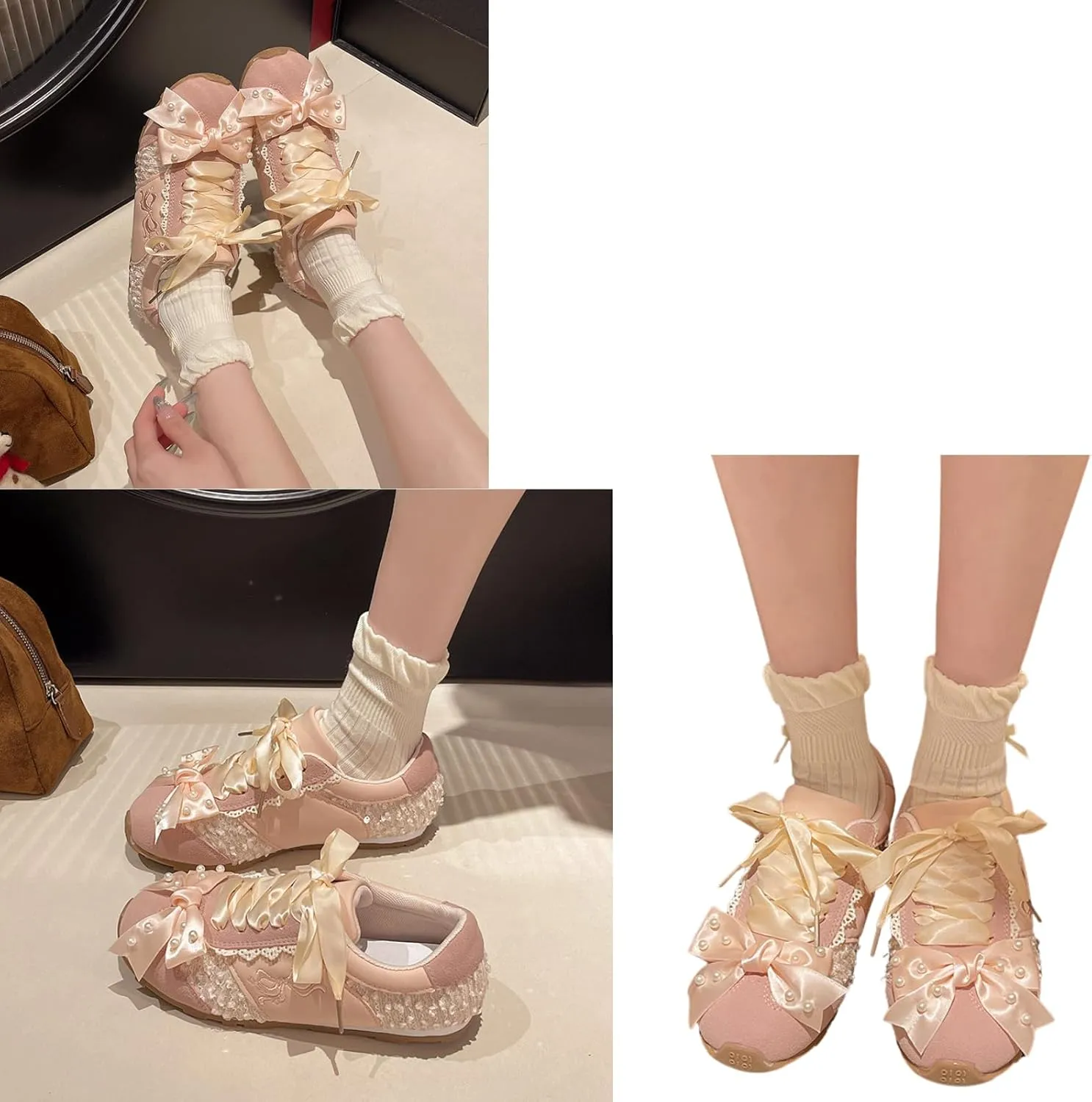 Kawaii Balletcore Sneakers – Aesthetic Lace-Trimmed Platform Trainers with Bows, Casual Fashion Shoes for Women