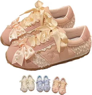 Kawaii Balletcore Sneakers – Aesthetic Lace-Trimmed Platform Trainers with Bows, Casual Fashion Shoes for Women