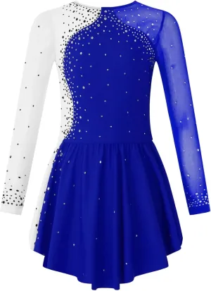 Kids Girls Figure Ice Skating Dress Mesh Long Sleeve Sparkly Flower Tulle Dance Dress Roller Skating Costume