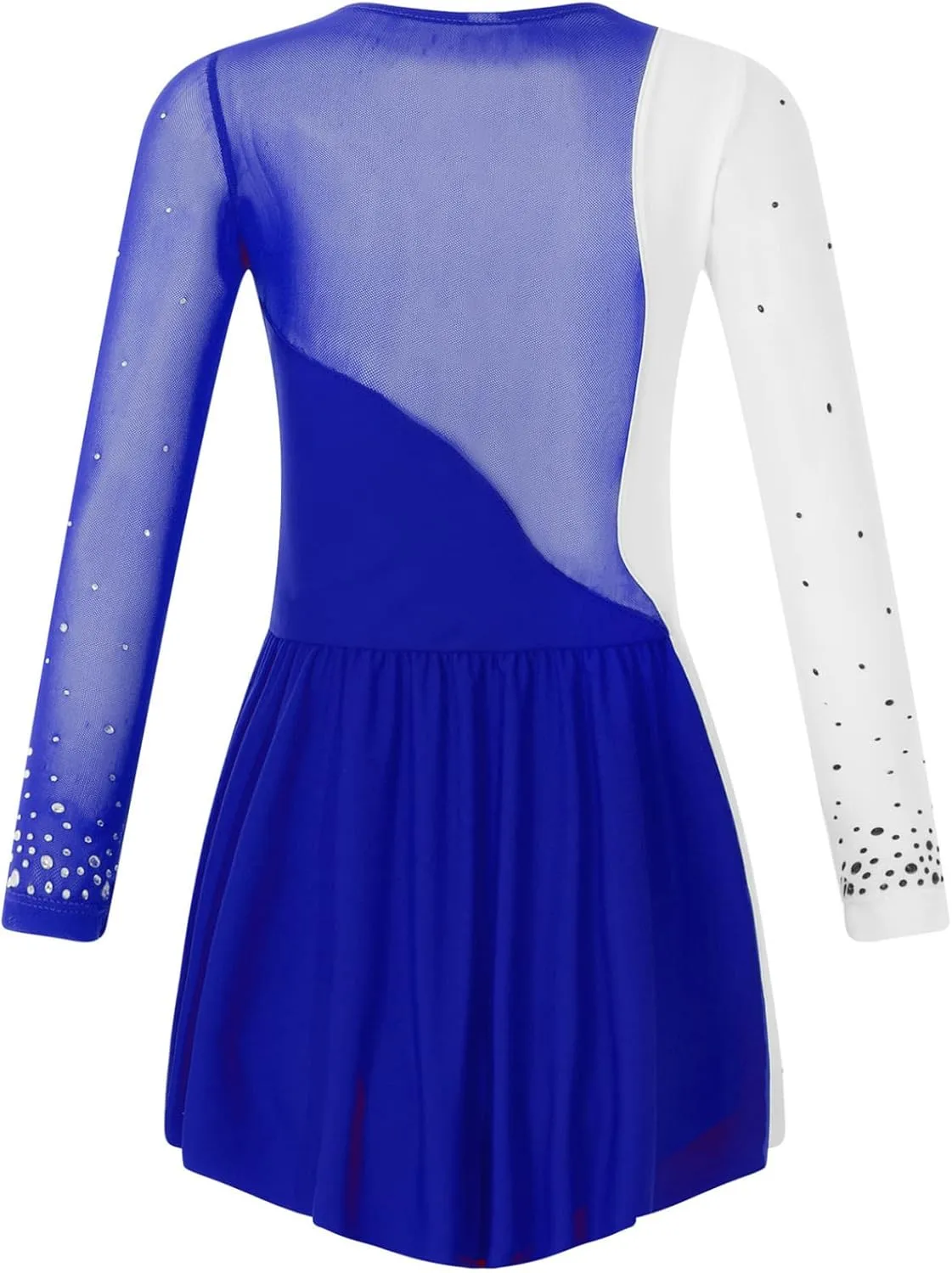 Kids Girls Figure Ice Skating Dress Mesh Long Sleeve Sparkly Flower Tulle Dance Dress Roller Skating Costume