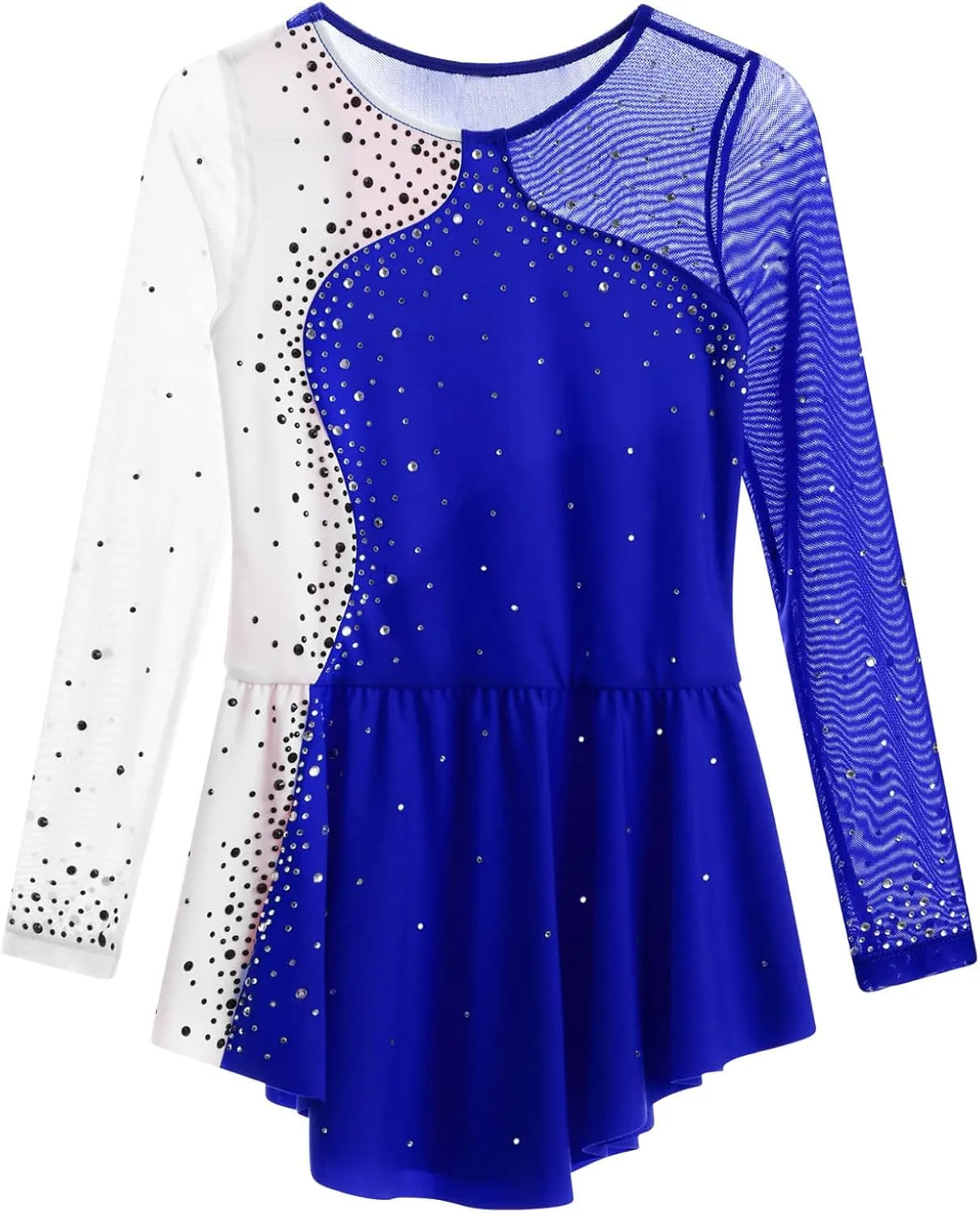 Kids Girls Figure Ice Skating Dress Mesh Long Sleeve Sparkly Flower Tulle Dance Dress Roller Skating Costume